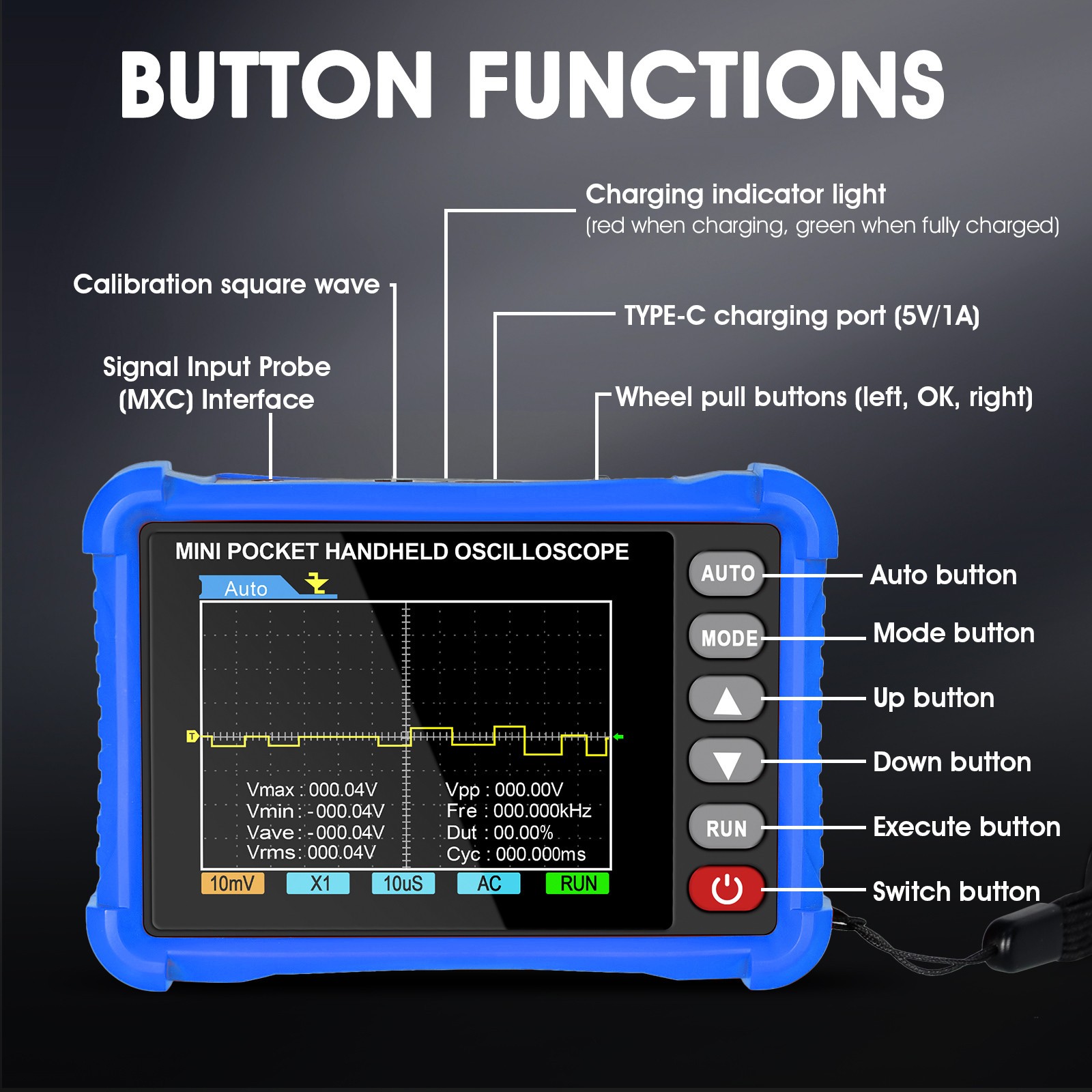 Portable Oscilloscope Kit – 250kHz, Handheld w/ Probe, Lithium Battery, AUTO Set