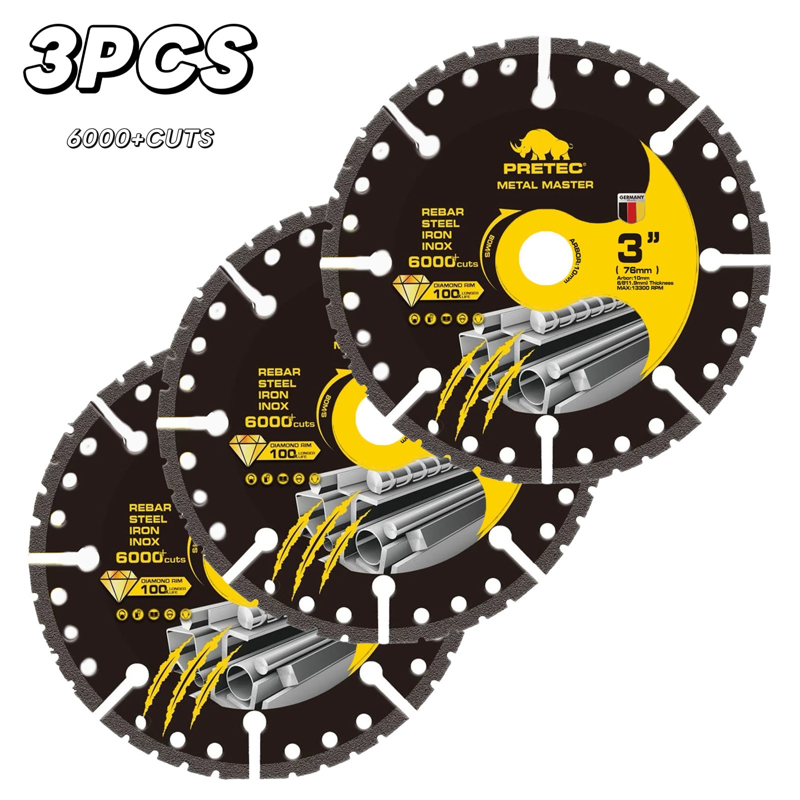 3″ Diamond Cut Off Wheel 3 Pack, Metal Cutting Disc 3/8″ Arbor Die Grinder 6000+