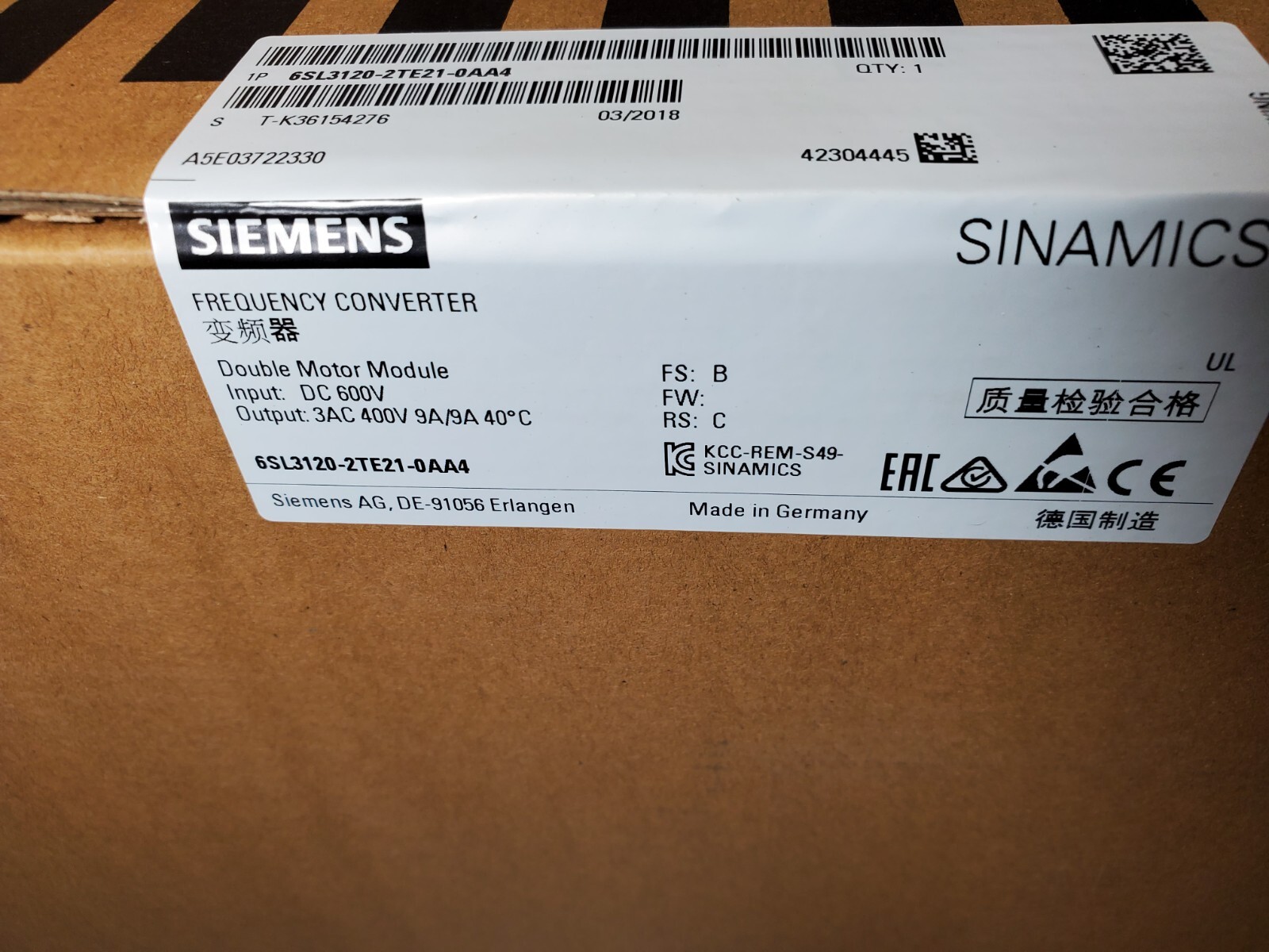 NEW (Sealed) Siemens 6SL3120-2TE21-0AA4 Double Motor Module 6SL31202TE210AA4