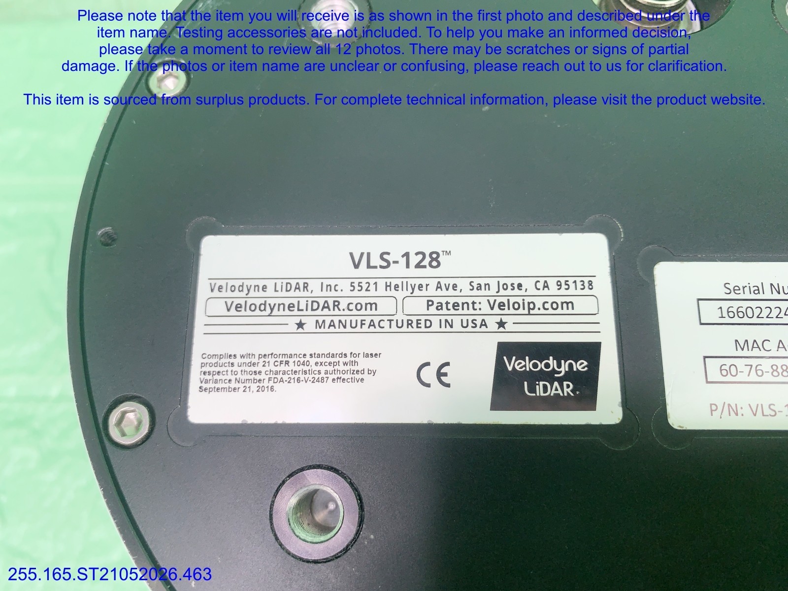Velodyne VLS-128 LiDAR Sensor MISSING cables as in photos, sn:0025, DHL
