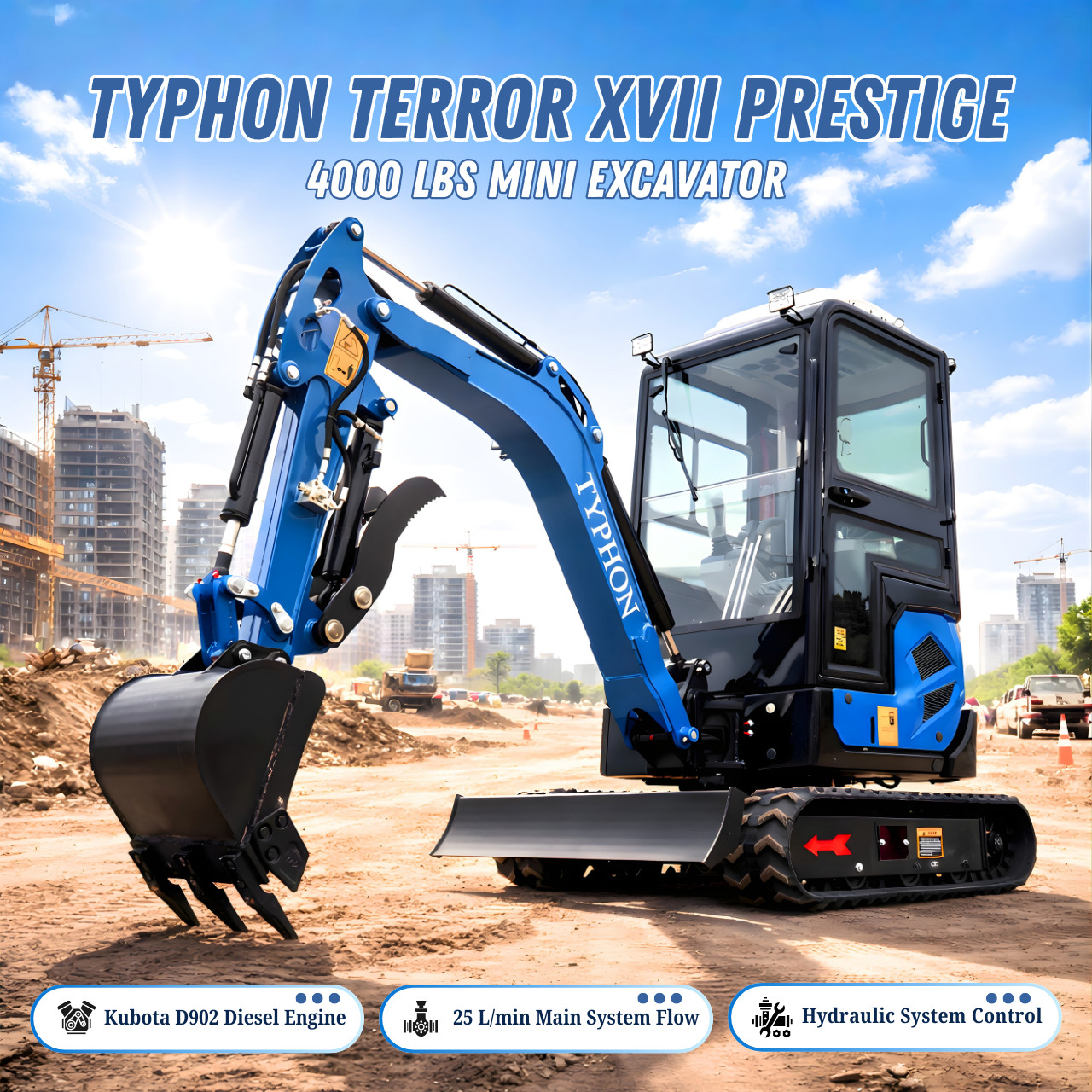 TYPHON TERROR XVII Cabin Mini Excavator 4000lb Kubota D902 with 13 Attachments