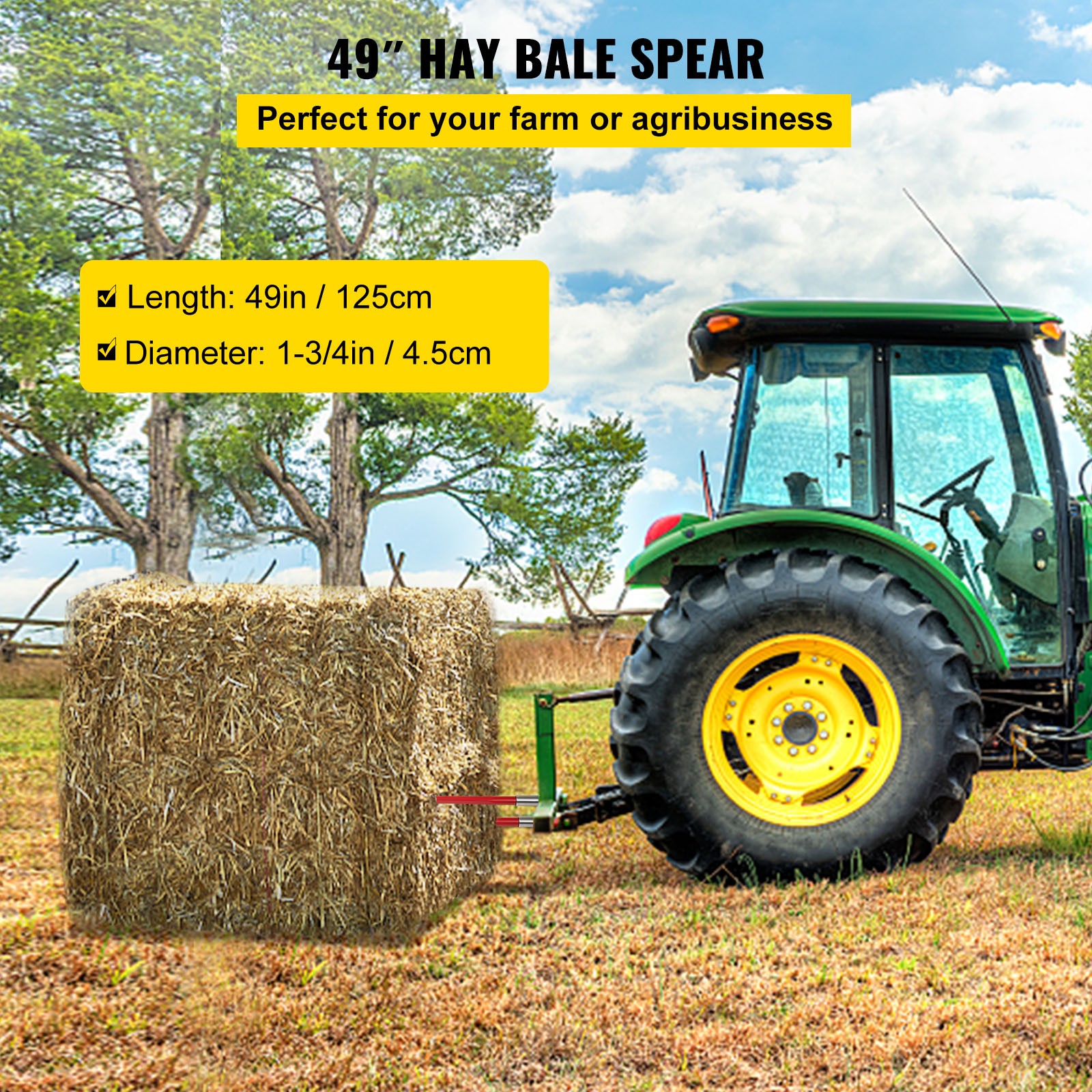 VEVOR 2Pcs Hay Bale Spear 49″ 4500 lbs Capacity Spike Fork for Tractors Loaders