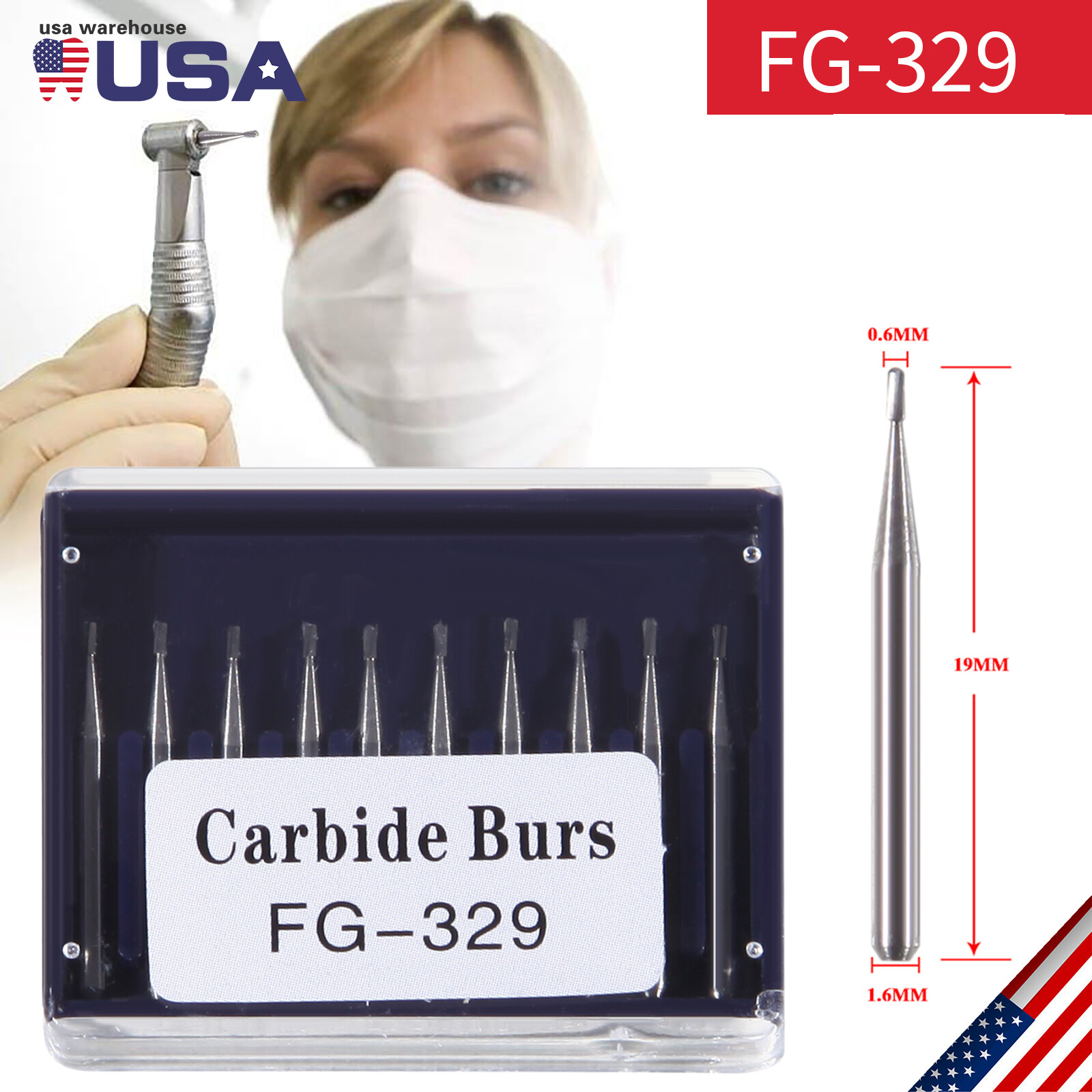10pcs USA Dental Tungsten Carbide Cutting Burs Pear Shape FG-329 ty