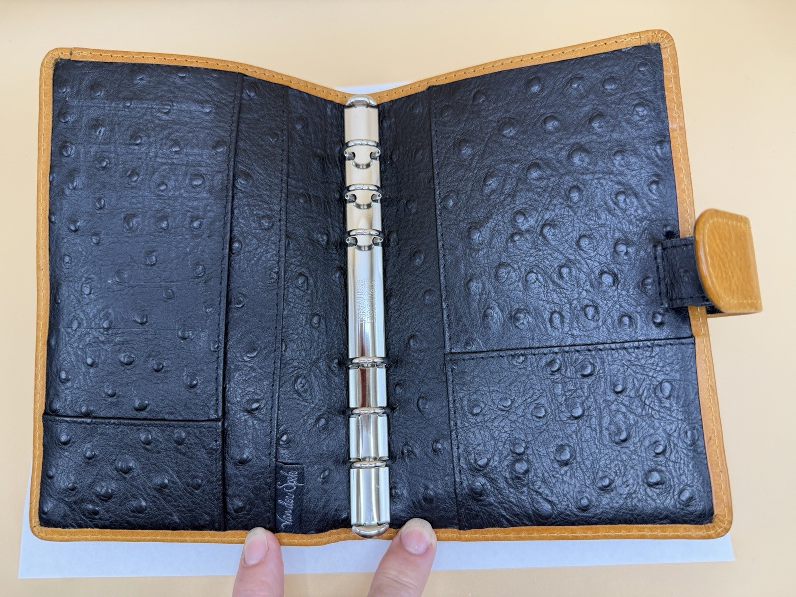VDS Vander Spek Leather Planner Organizer 6 Rings Cognac Ostrich Interior