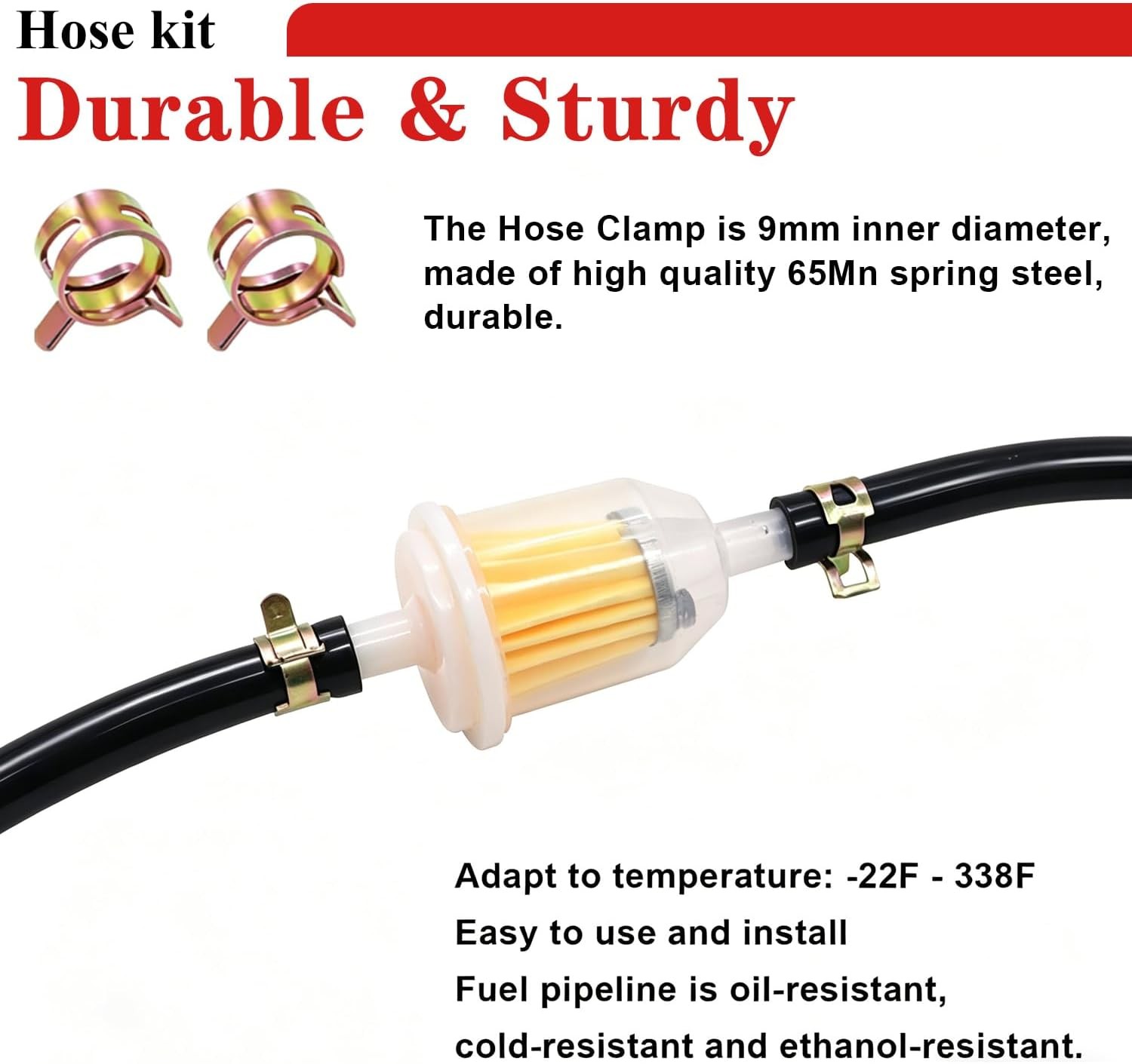 10Ft 1/4 Inch Fuel Line Hose with 20 Clamps, Rubber Fuel Line for Lawn Mower Dir