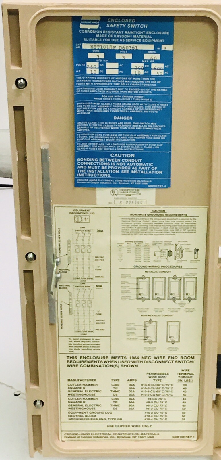 CROUSE HINDS NST1018F-D60361 KRYDON 60AMP FUSIBLE DISCONNECT SWITCH NEW IN BOX