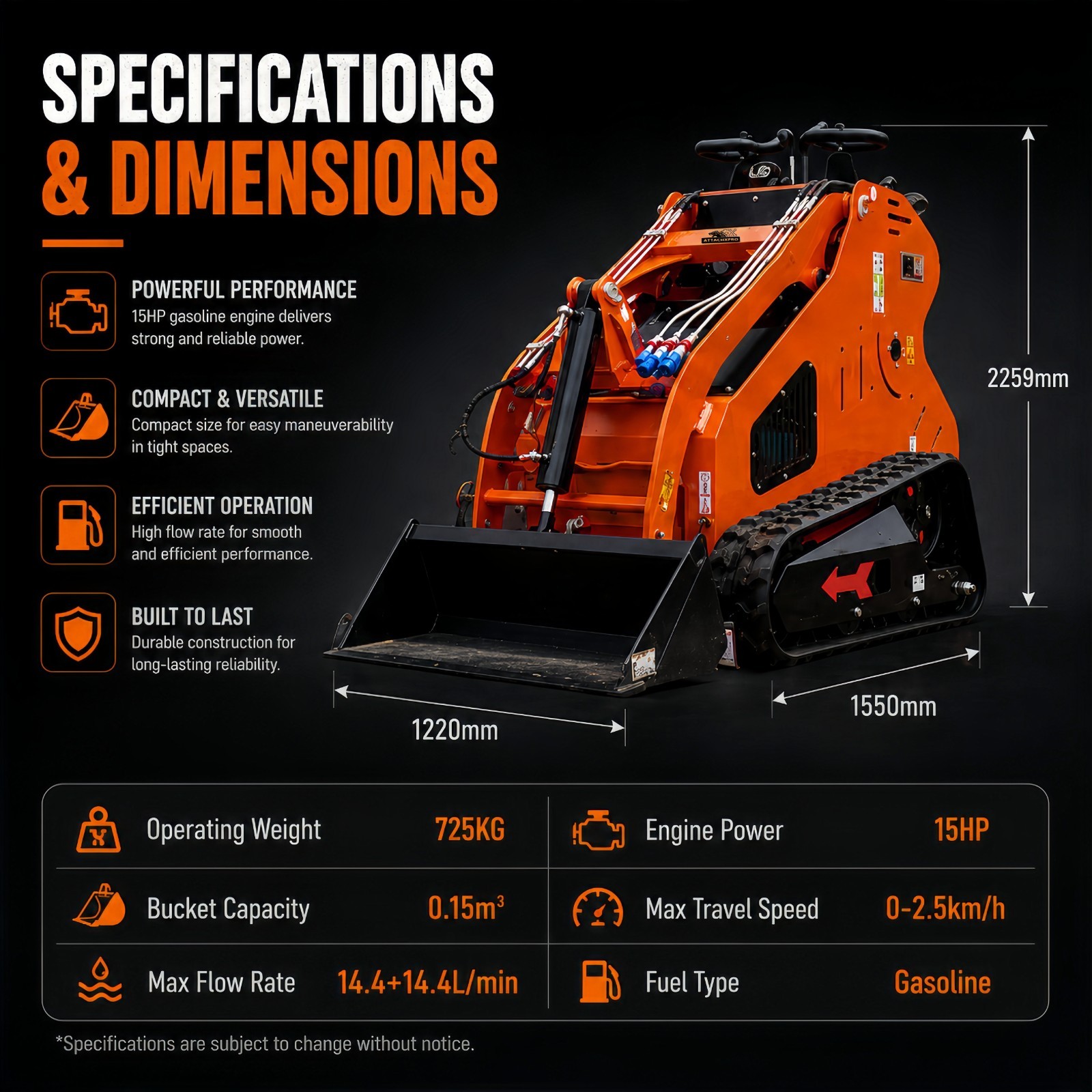 15HP Mini Skid Steer Loader Gasoline Crawler Hydraulic EPA Free Shipping USA