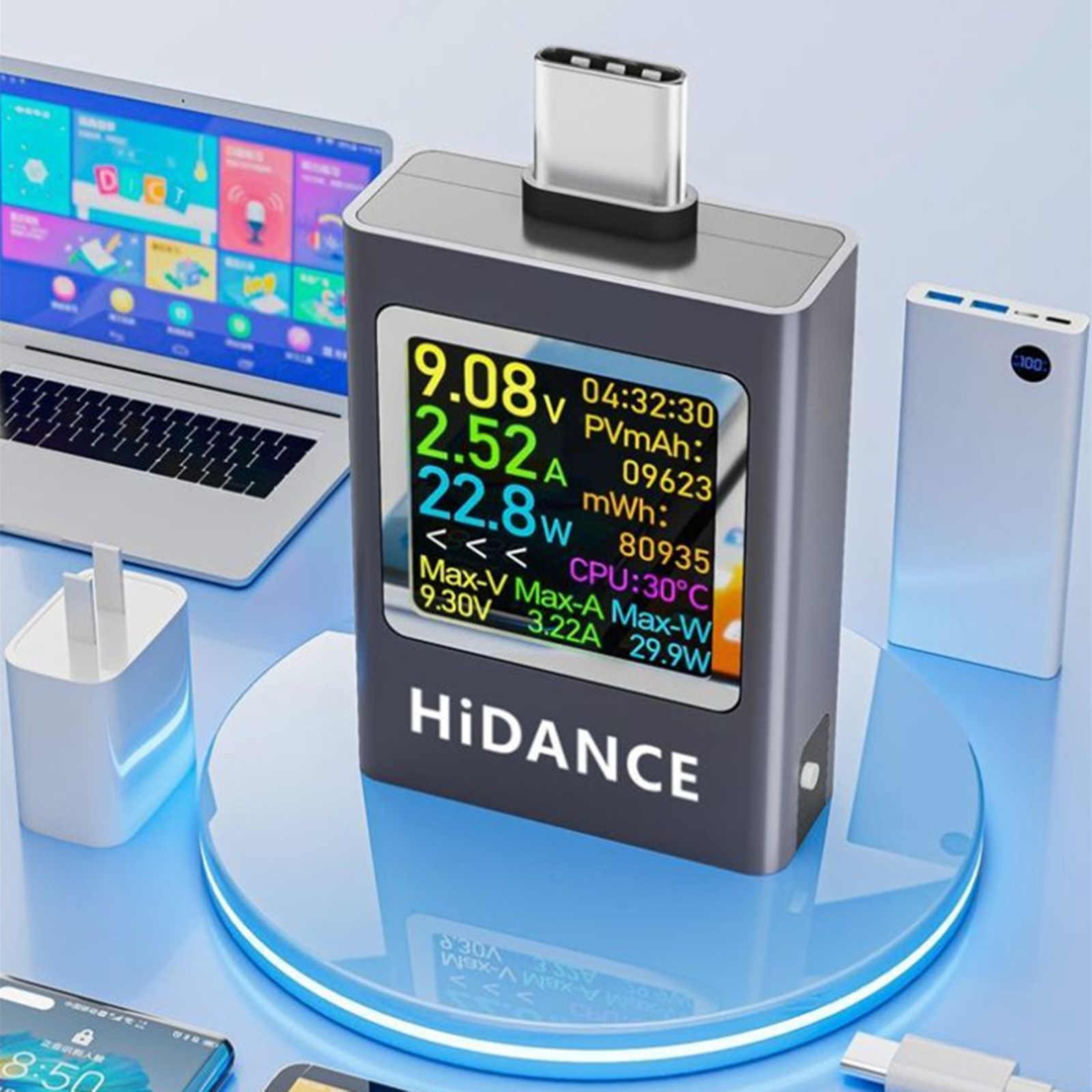 USB C Cable Tester with Battery Test Color Display 360 View Rotation PD QC