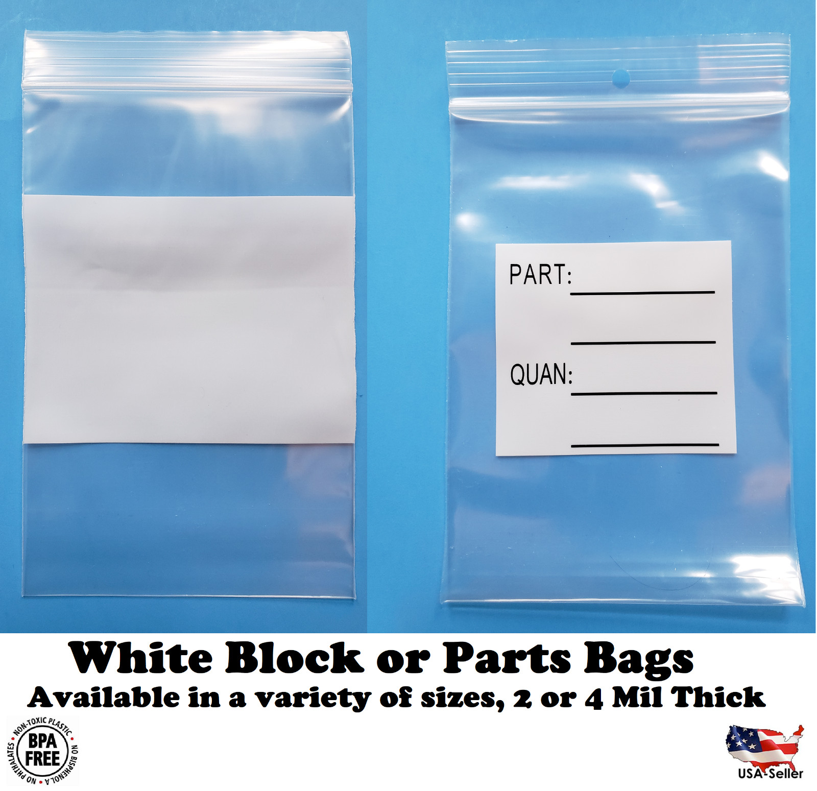 2Mil or 4Mil White Block Top Lock Seal Bags Writable Reclosable Zip Parts Bag