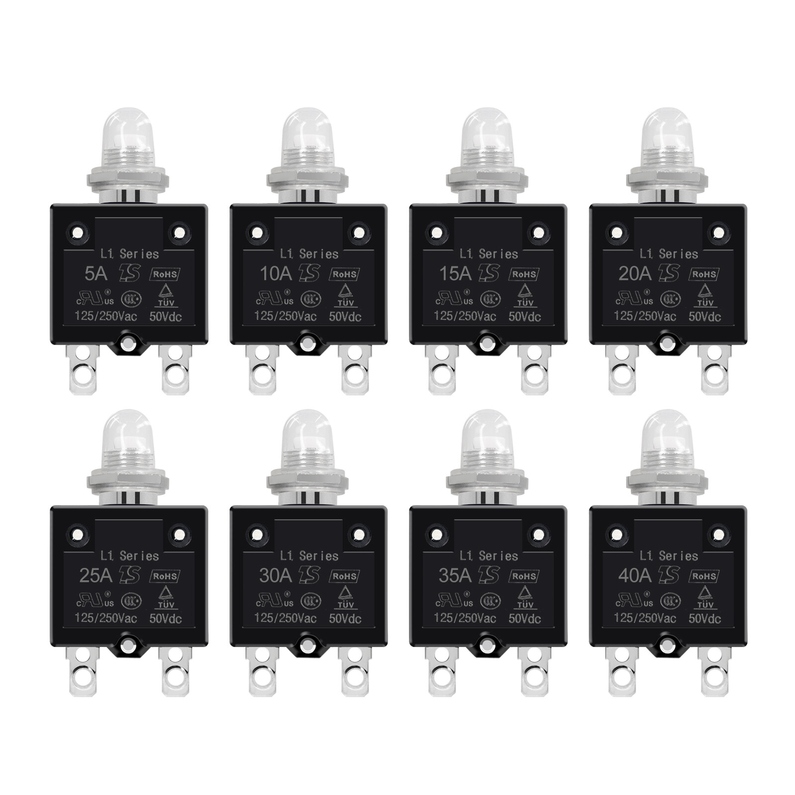 1/5/8PCS Push Button Reset Thermal Circuit Breaker 5-40A 50V DC 125/250V Volt AC