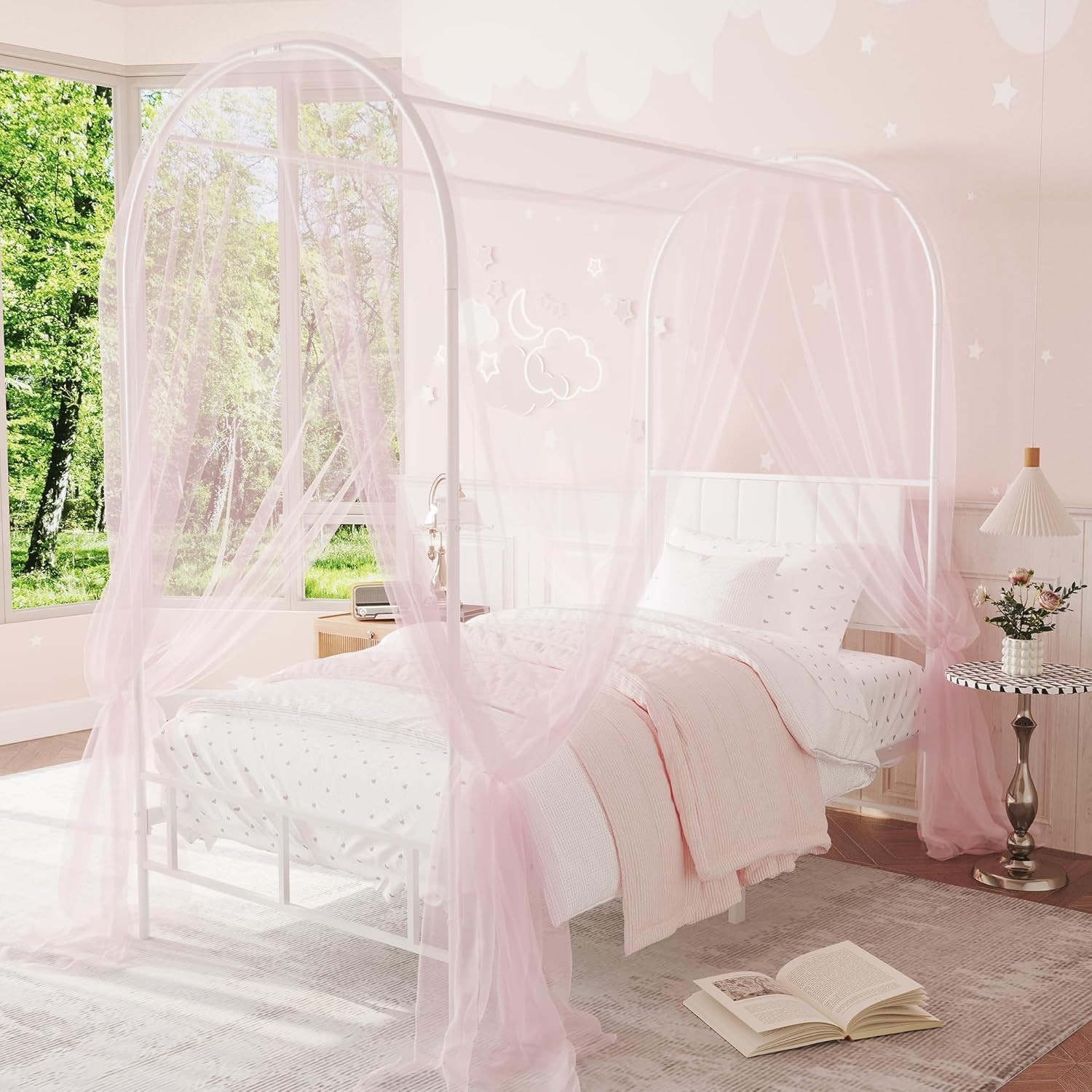 Kids Canopy Bed Frame with Headboard & Footboard, Upholstered Twin Bed Frames