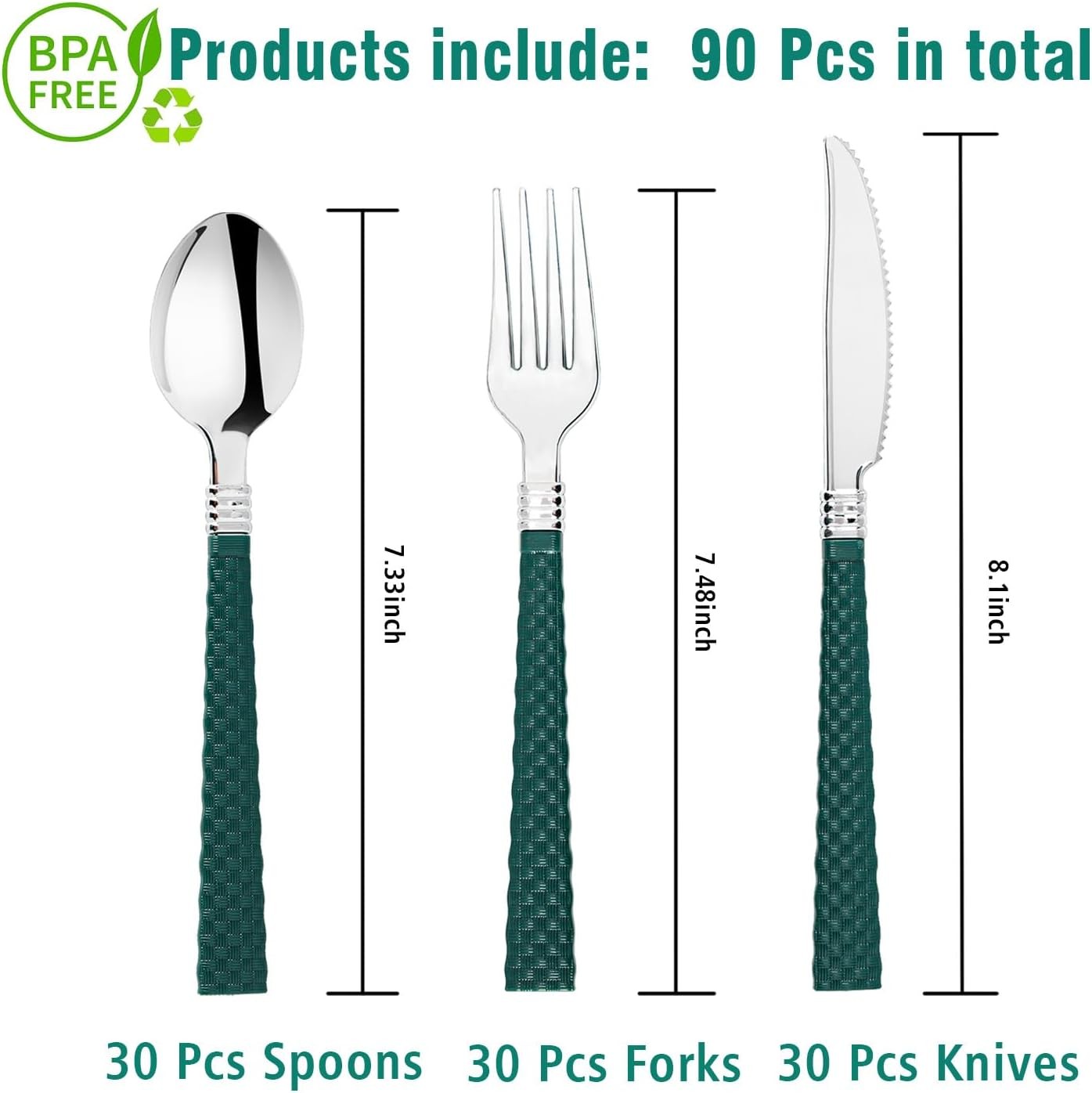 90pcs Silver and Green Disposable Silverware Set, Elegant Plastic Silverware