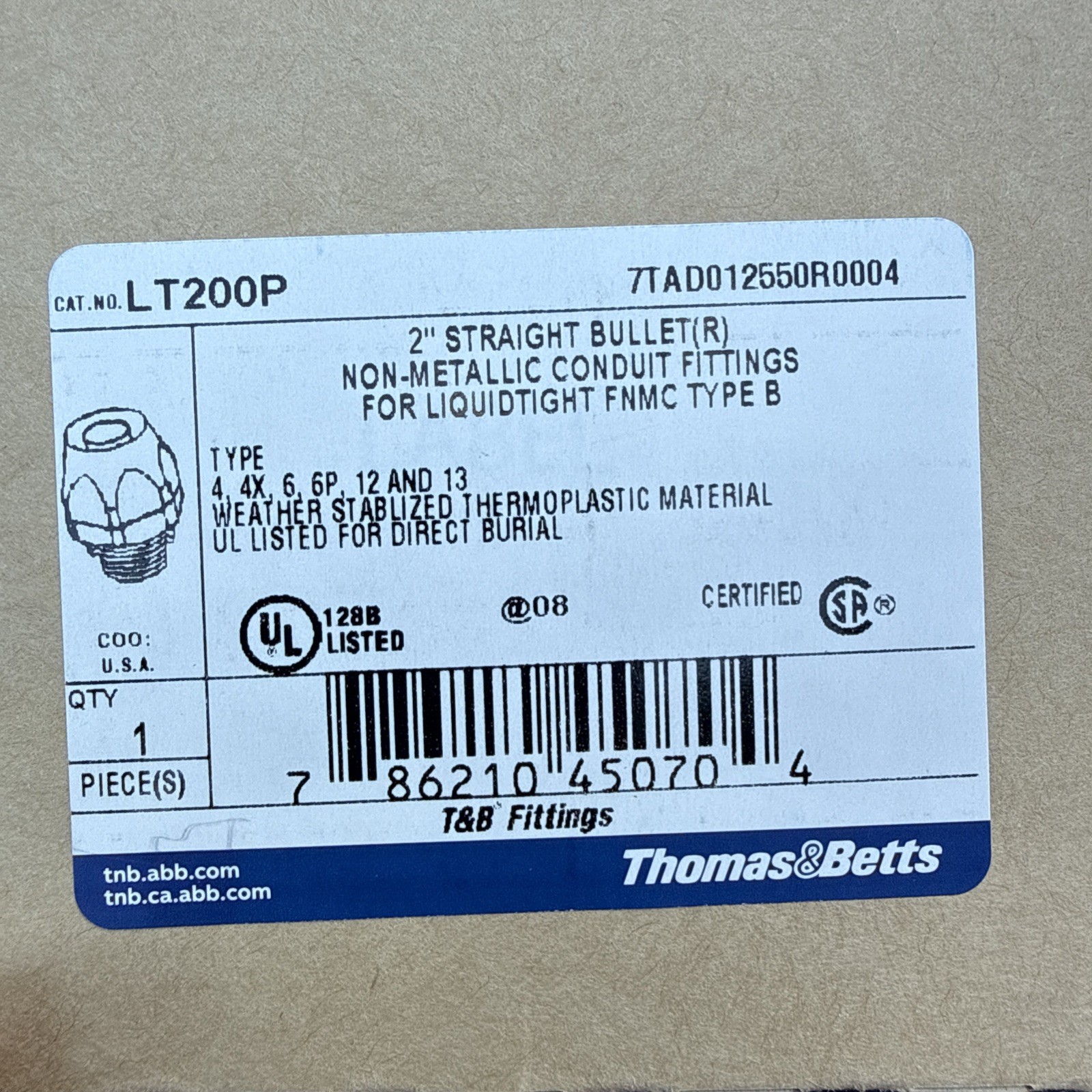 Thomas & Betts LT200P, 2″ STRAIGHT BULLET CONNECTOR FOR LIQUIDTIGHT TYPE B 1/BOX