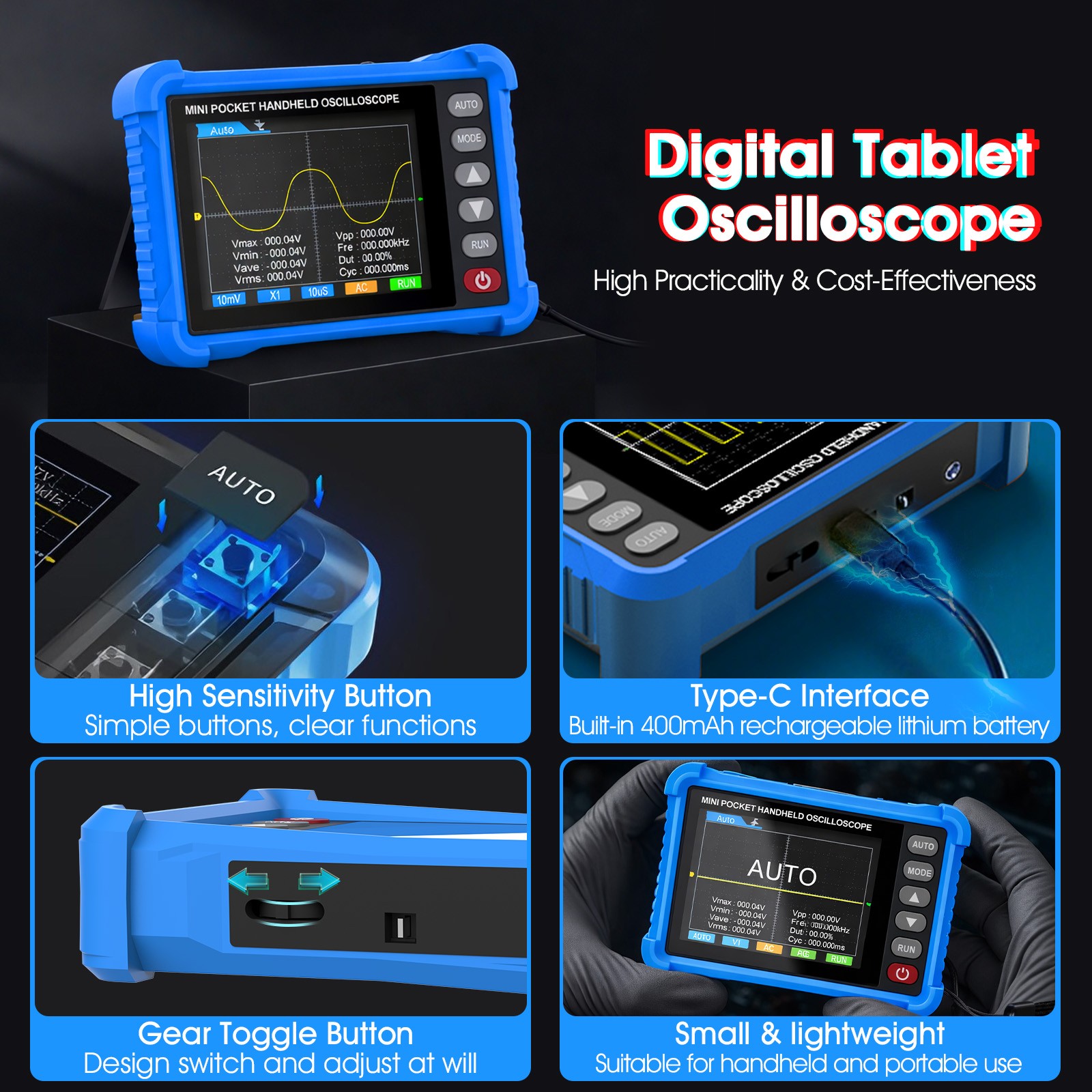 HoldPEAK Handheld Mini Oscilloscope Portable Digital Oscilloscope 250KHz 2.5MS/s