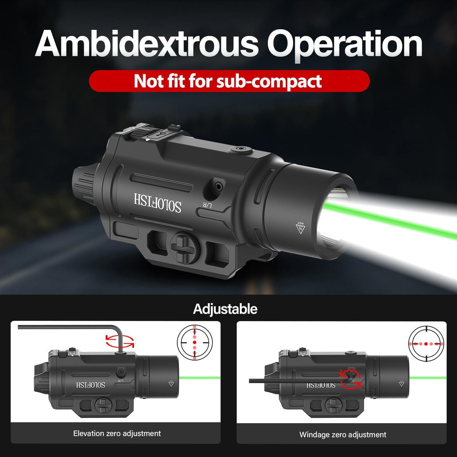 1500Lm Slidable Pistol Light and Green Beam Combo with Strobe/Momentary, Recharg