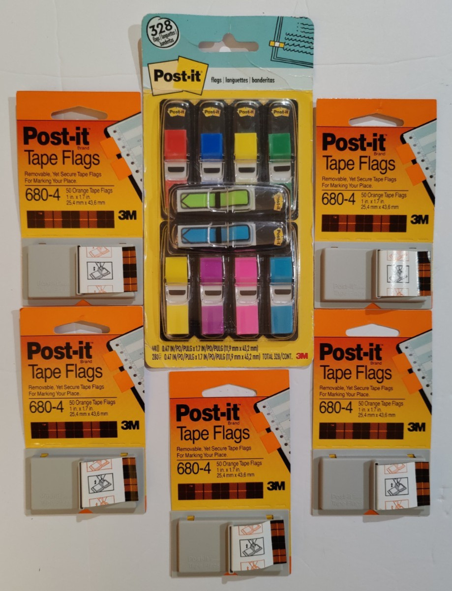 Post It Flags 5 pk of 50 Orange 1″x1.7″ & 1 pk of 328 Multi Colored .47″ x1.7″