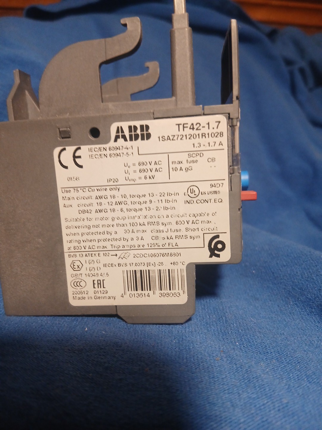 Thermal Overload Relay 1.3-1.7A for ABB TF42-1.7 1SAZ721201R1028