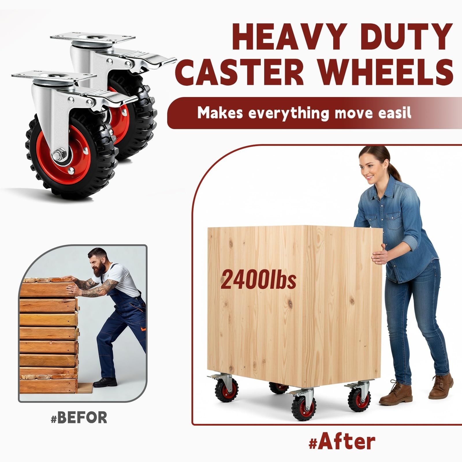 5 Inch Caster Wheels Heavy Duty with Dual-Lock Safety Brake and Rubber Tire W…