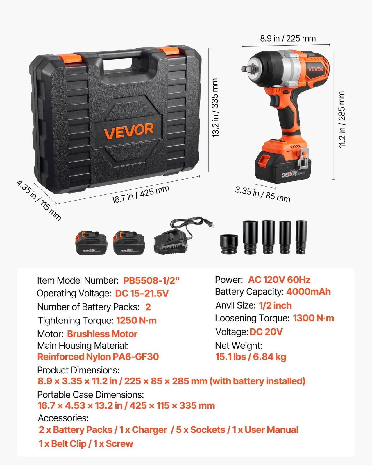 Cordless Impact Wrench, 958.8 ft-lbs / 1300 Nm High Torque, 1/2 inch, 20V Elect