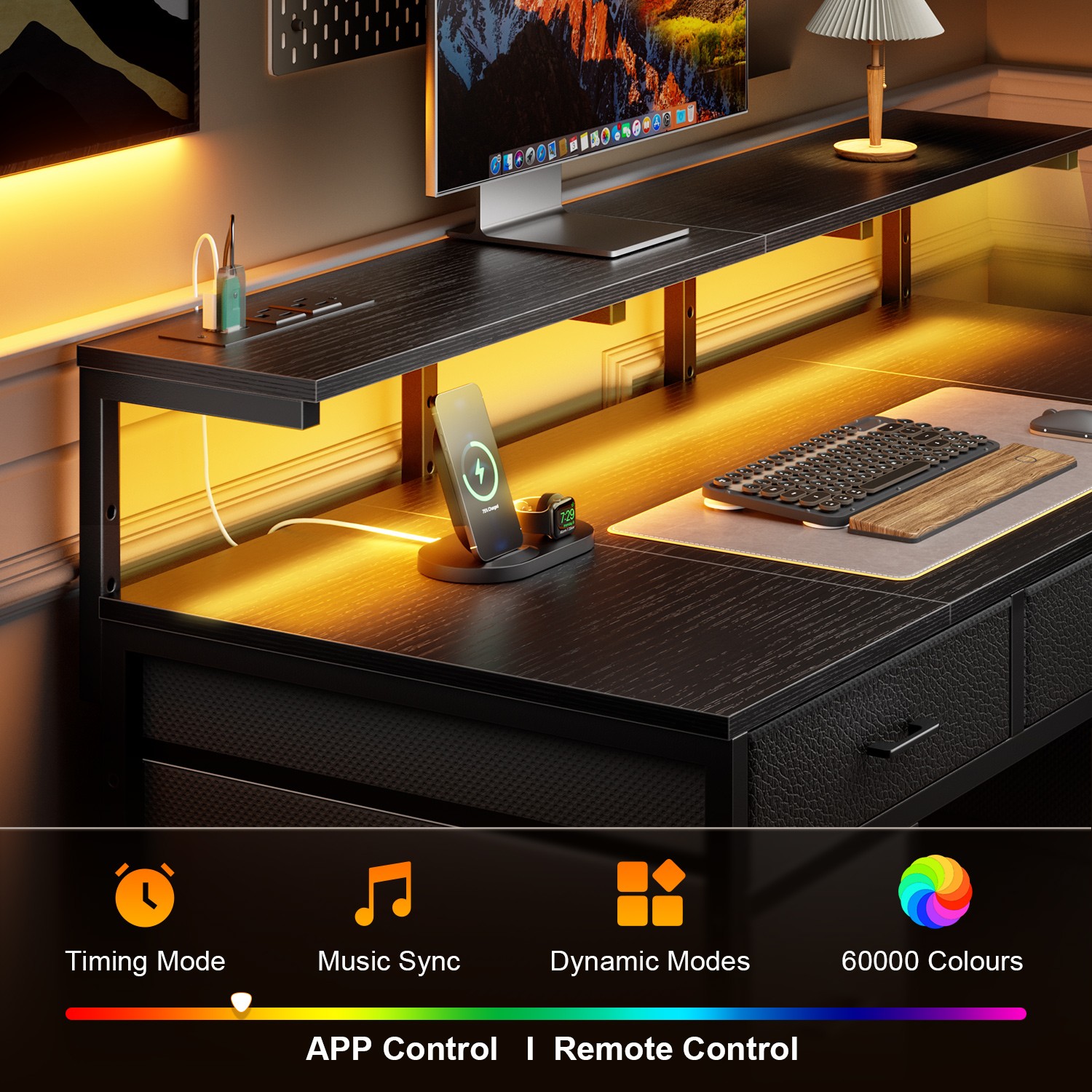 47 inch Computer Desk with 8 Drawers & Power Outlets, Home Office Desk with LED