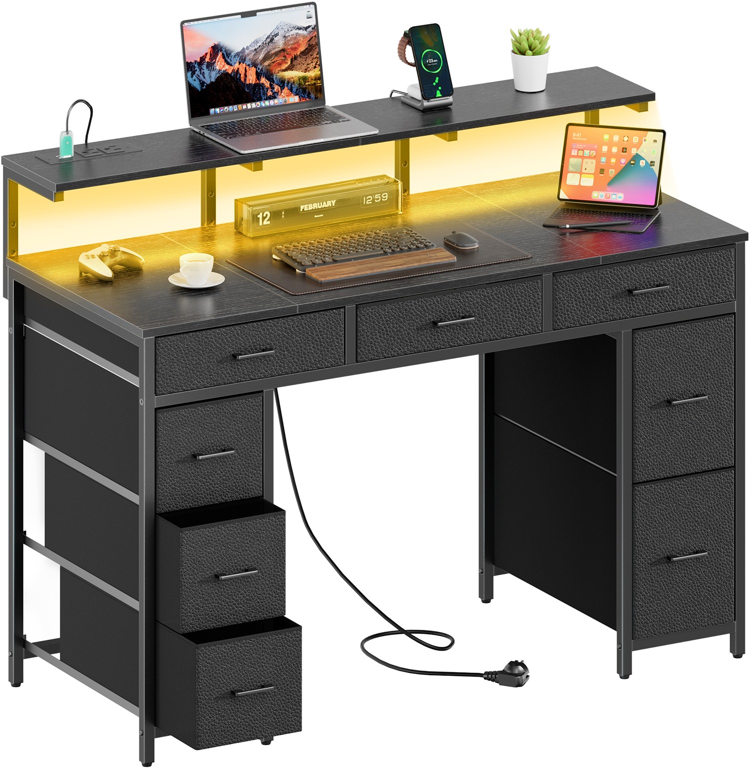 47 inch Computer Desk with 8 Drawers & Power Outlets, Home Office Desk with LED