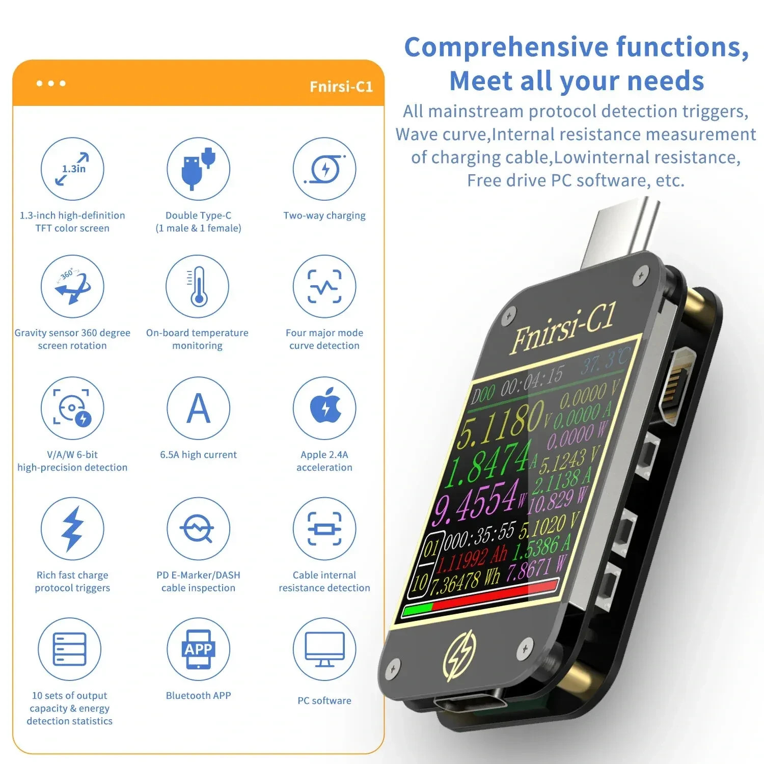FNIRSI-C1 Type-C PD Trigger USB-C Voltmeter Ammeter Fast Charging Protocol Test