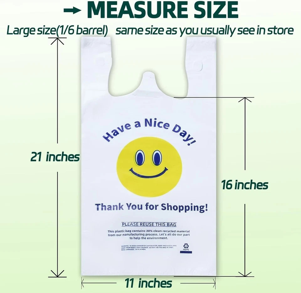 100 White Heavy Duty Thank You Plastic T-Shirt Shopping Bags, 0.8 Mil 11x6x21″