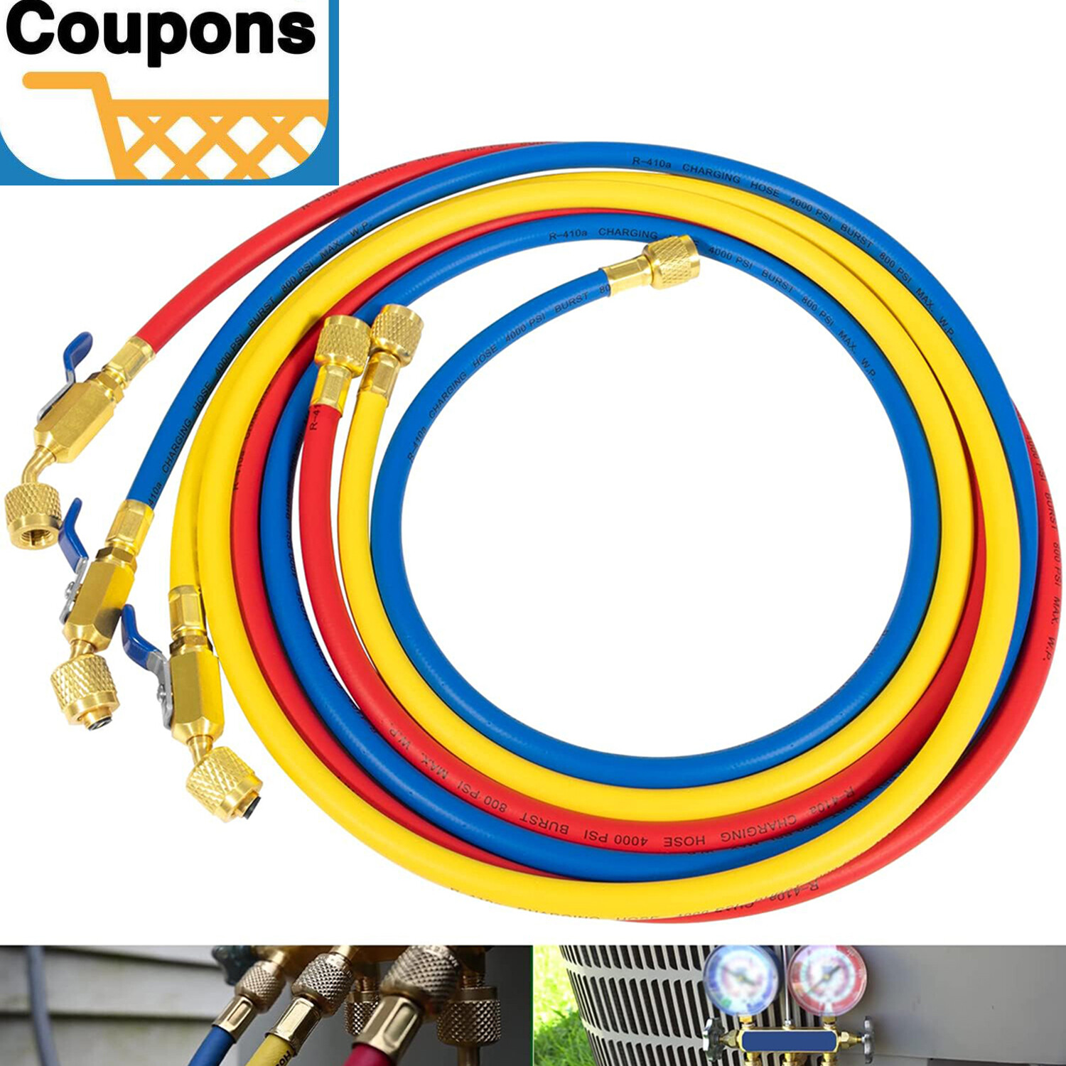 3 Pack 29986 Plus II 1/4″ Red Blue Yellow Charging Hose Compact Ball Valve 72″