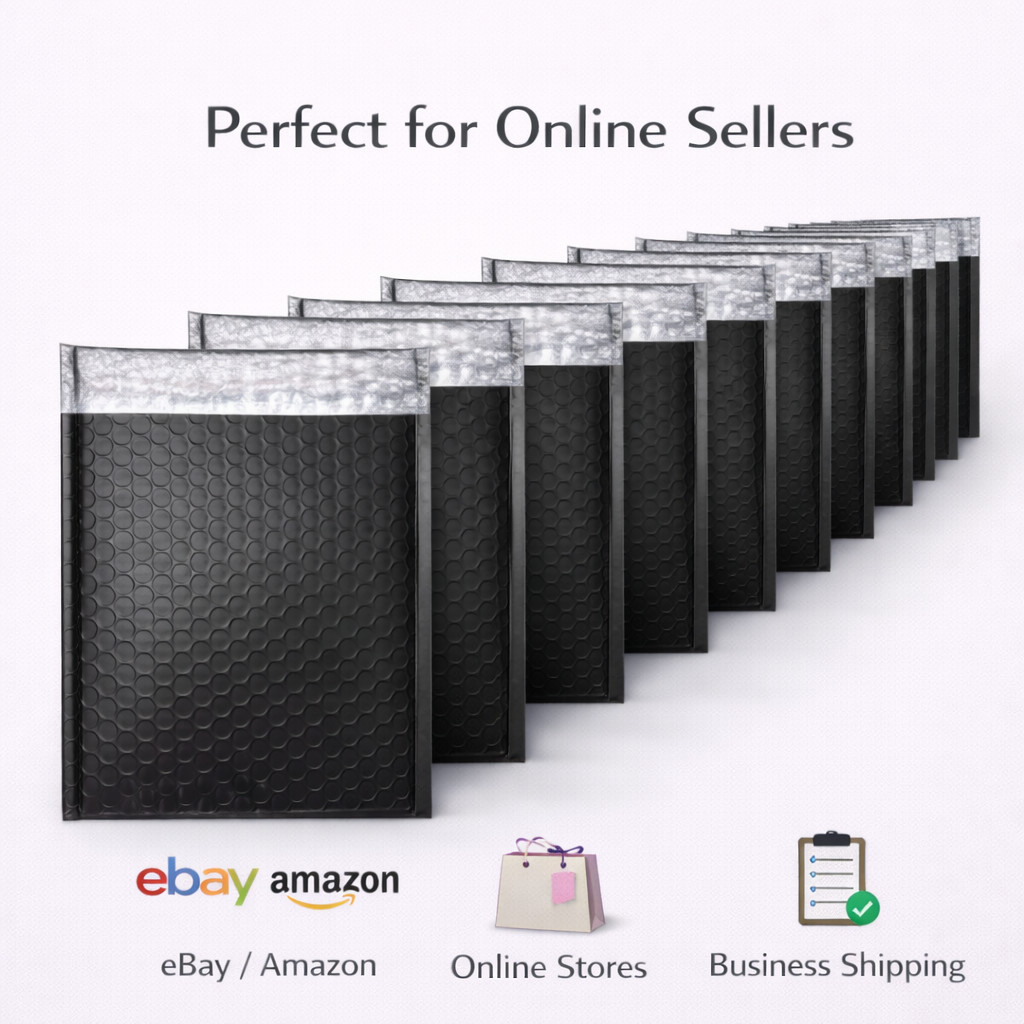 6.5×10 Matte Metallic Black Poly Bubble Mailers Padded Self Seal Shipping