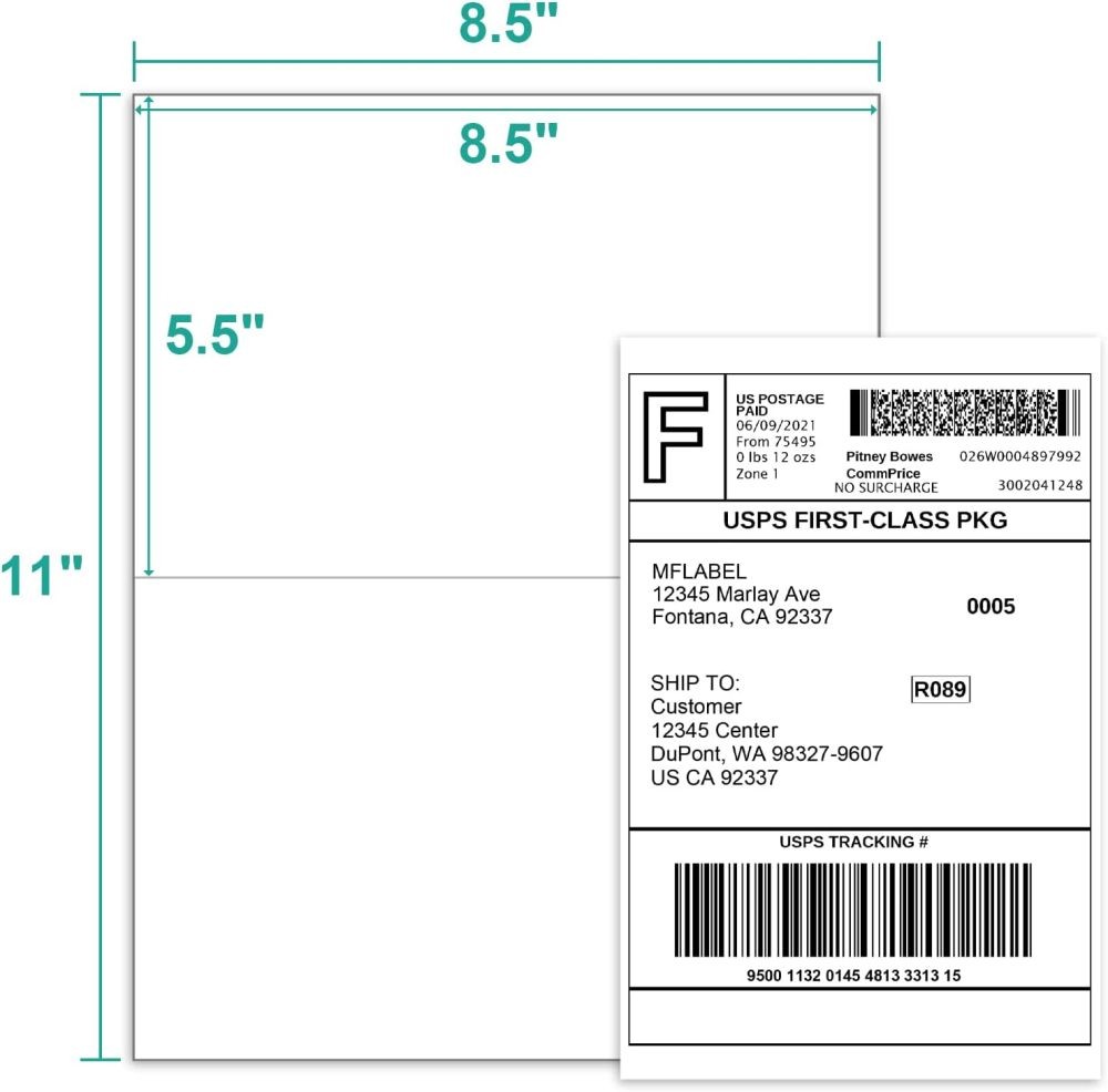 Premium 8.5×5.5 Half Sheet Shipping Labels 2 per Sheet Matte White Self Adhesive