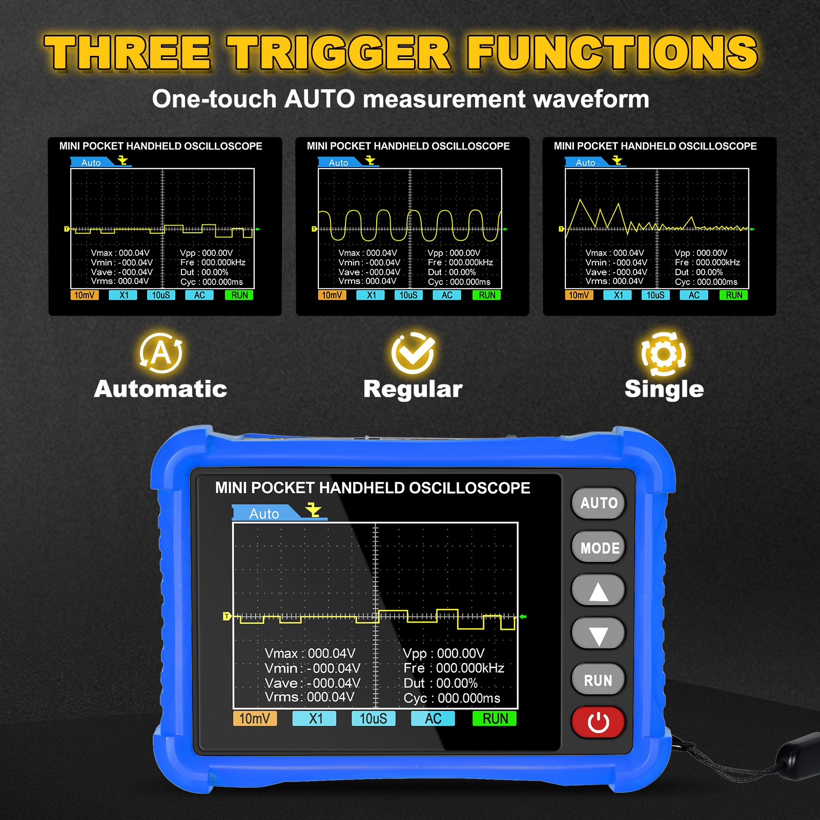 Handheld Digital Oscilloscope, 500kHz Bandwidth, 2.5MS/s, 2.8″ LCD, Auto Setup