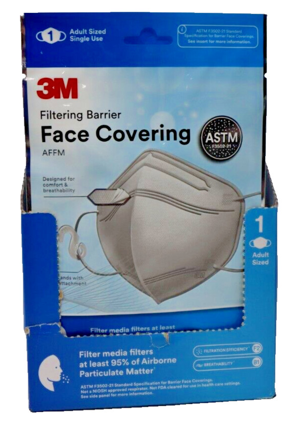 20-Pack 3M Filtering Barrier Face Covering, Adult Sized Single Use, ASTM Tested