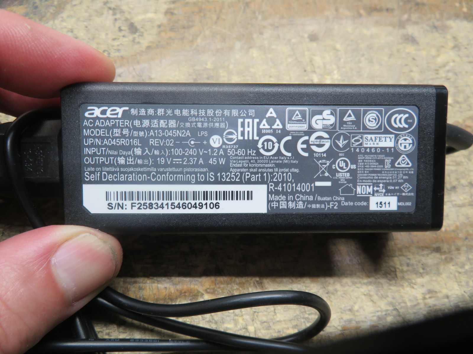 LOT OF 10 Acer 45W AC Power Adapter A13-045N2A 19V 2.37A Laptop Charger 3.0mm