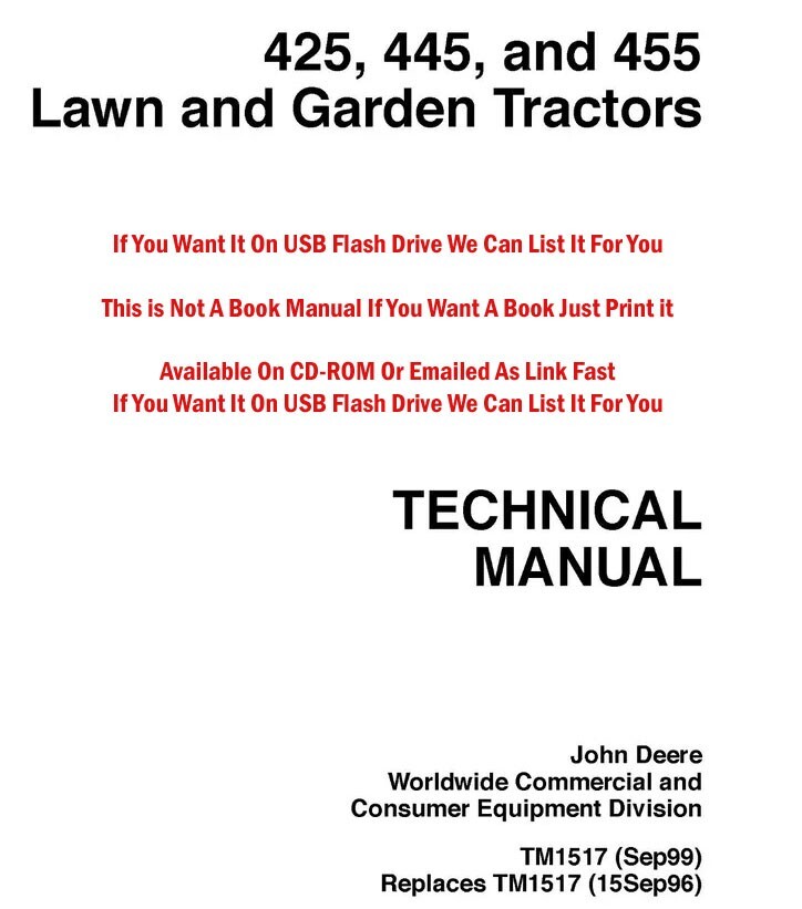 John Deere 425, 445, 455 Lawn & Garden Tractors Service Technical Manual TM1517