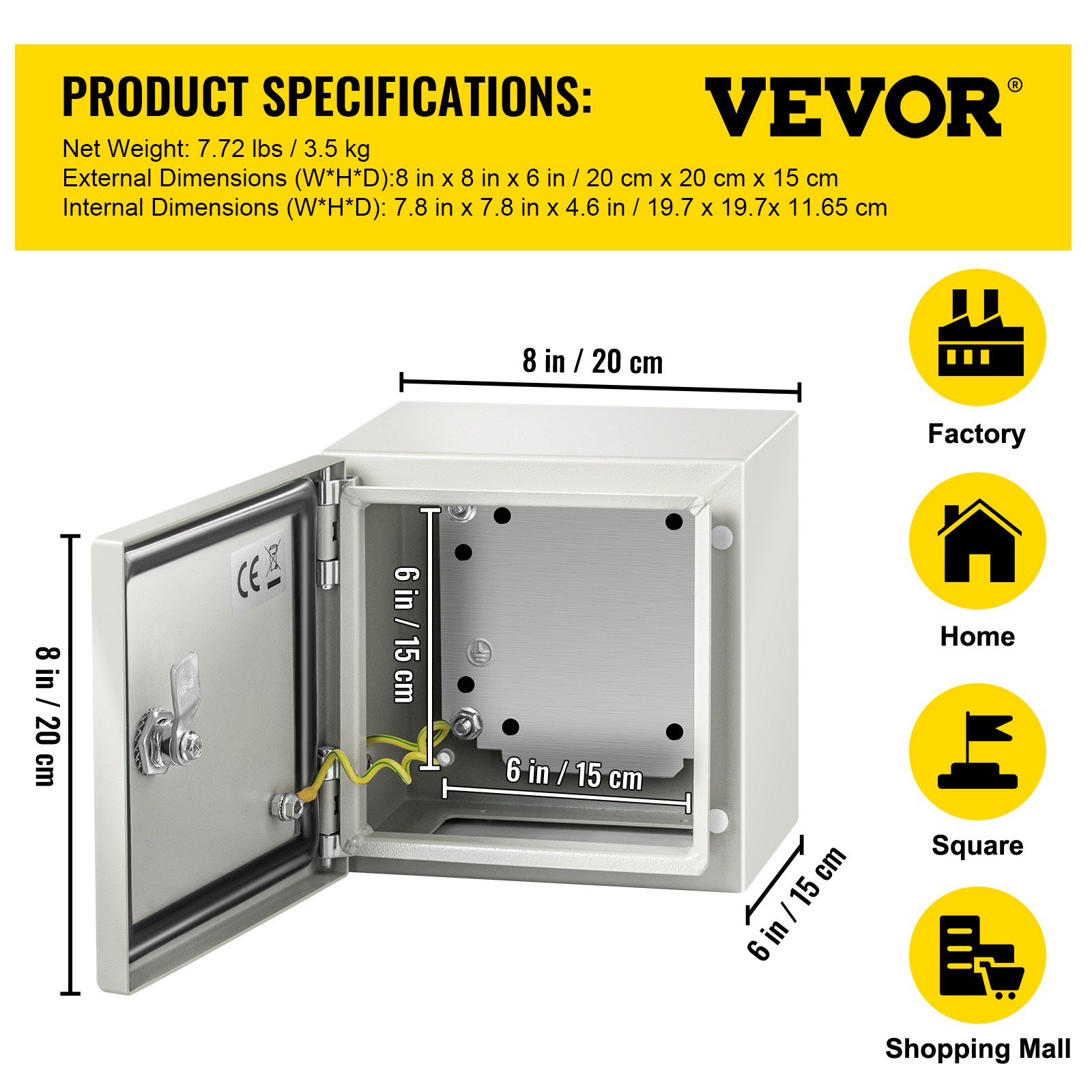 VEVOR 8” 10” 12” Metal Electrical Enclosure IP65 Waterproof Wall Junction Box