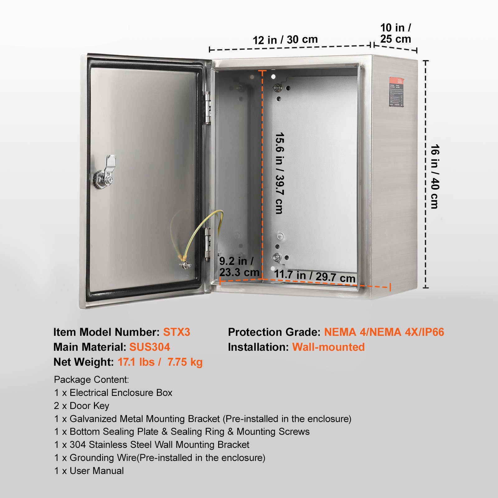 VEVOR 16″ x 12″ x 10″ Stainless Steel Electrical Enclosure IP66 Wall Mount Box