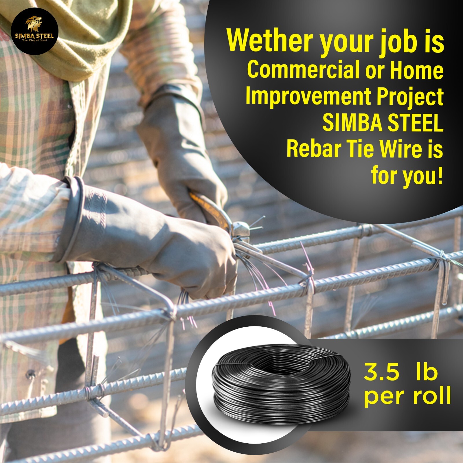 Lot of 10 x 3.5 lb Black Annealed Rebar Tie Wire 16 Gauge, (3300ft) SIMBA STEEL
