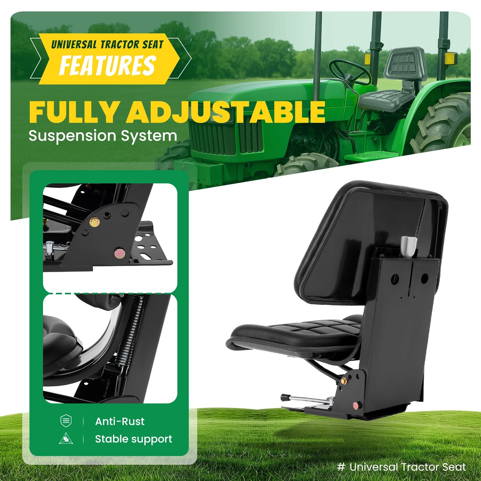 Black Universal Suspension Tractor Seat For John Deere Massey Ferguson Ford