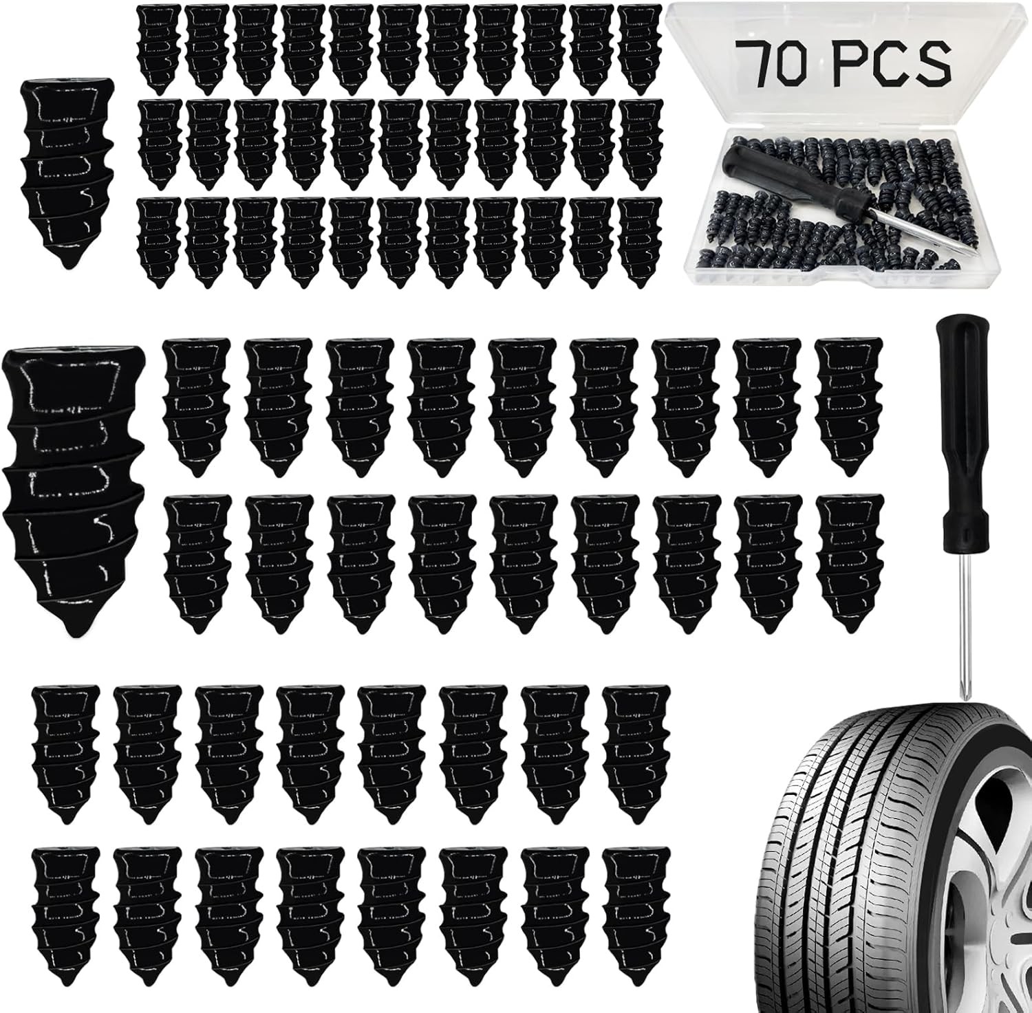 70PCS Heavy Duty Tire Plugs – Flat Tire Repair Kit with Vacuum Tool, (35S+35L)