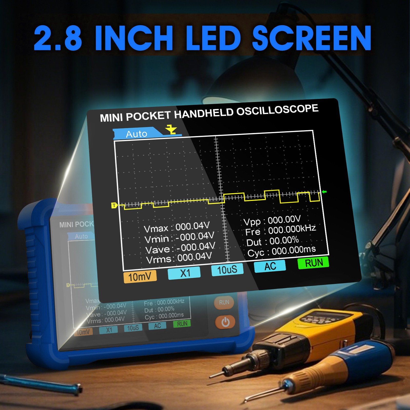 Portable Oscilloscope Kit – 250kHz, Handheld w/ Probe, Lithium Battery, AUTO Set