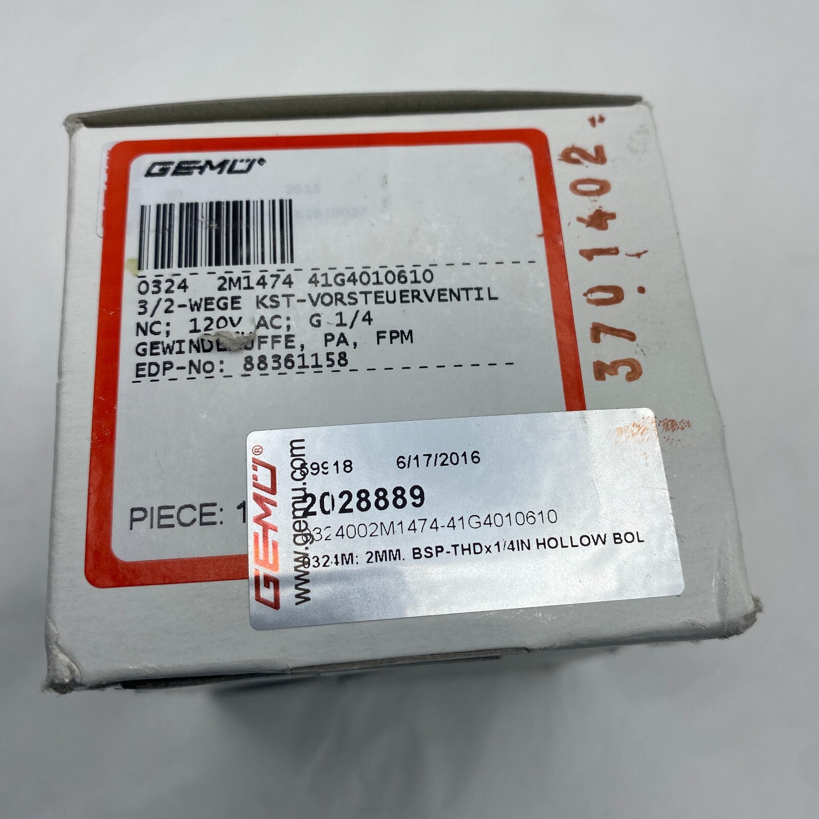 GEMU 0324 2M1474 41G4010610 SOLENOID VALVE 3/2-WEGE 120VAC TYPE 0324 VALVE 🎯