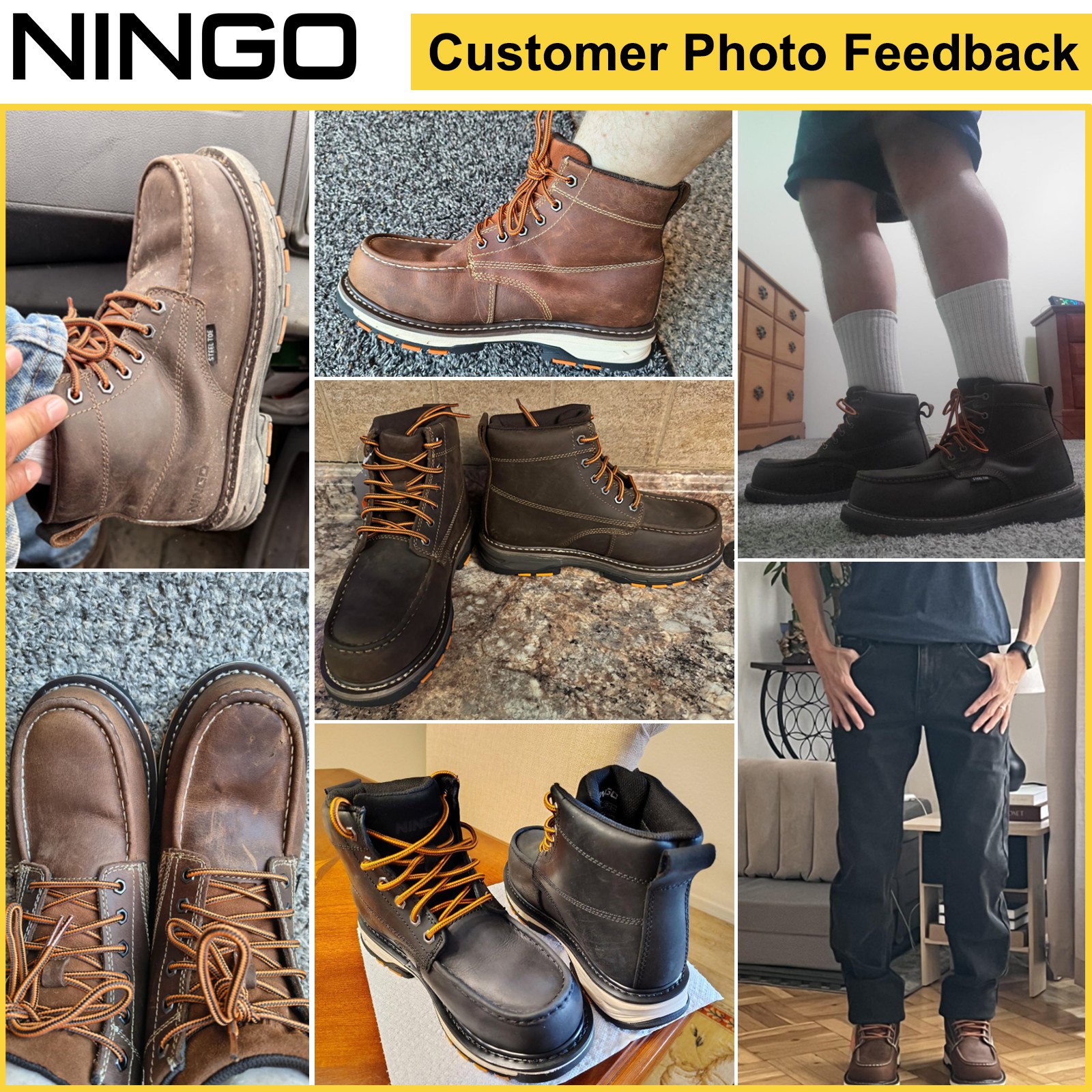 NINGO Men Steel Toe Work Boots Puncture Proof Moc Toe Safety Shoes EH Protection