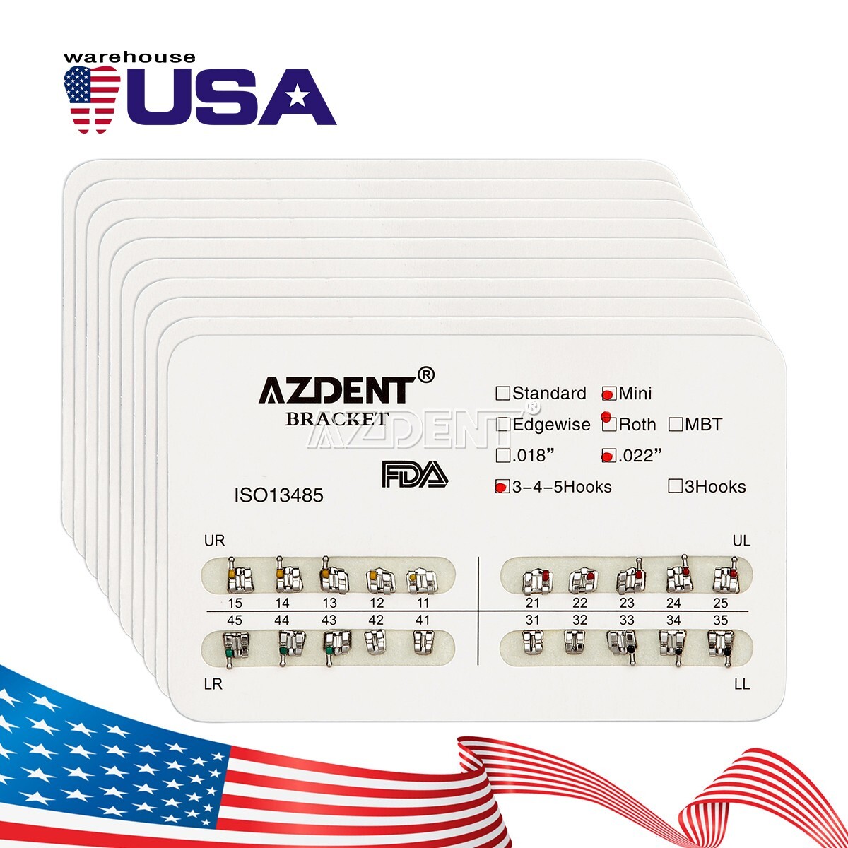 5packs AZDENT Dental Orthodontic Brackets Braces Metal Mini Roth.022 Hooks 345