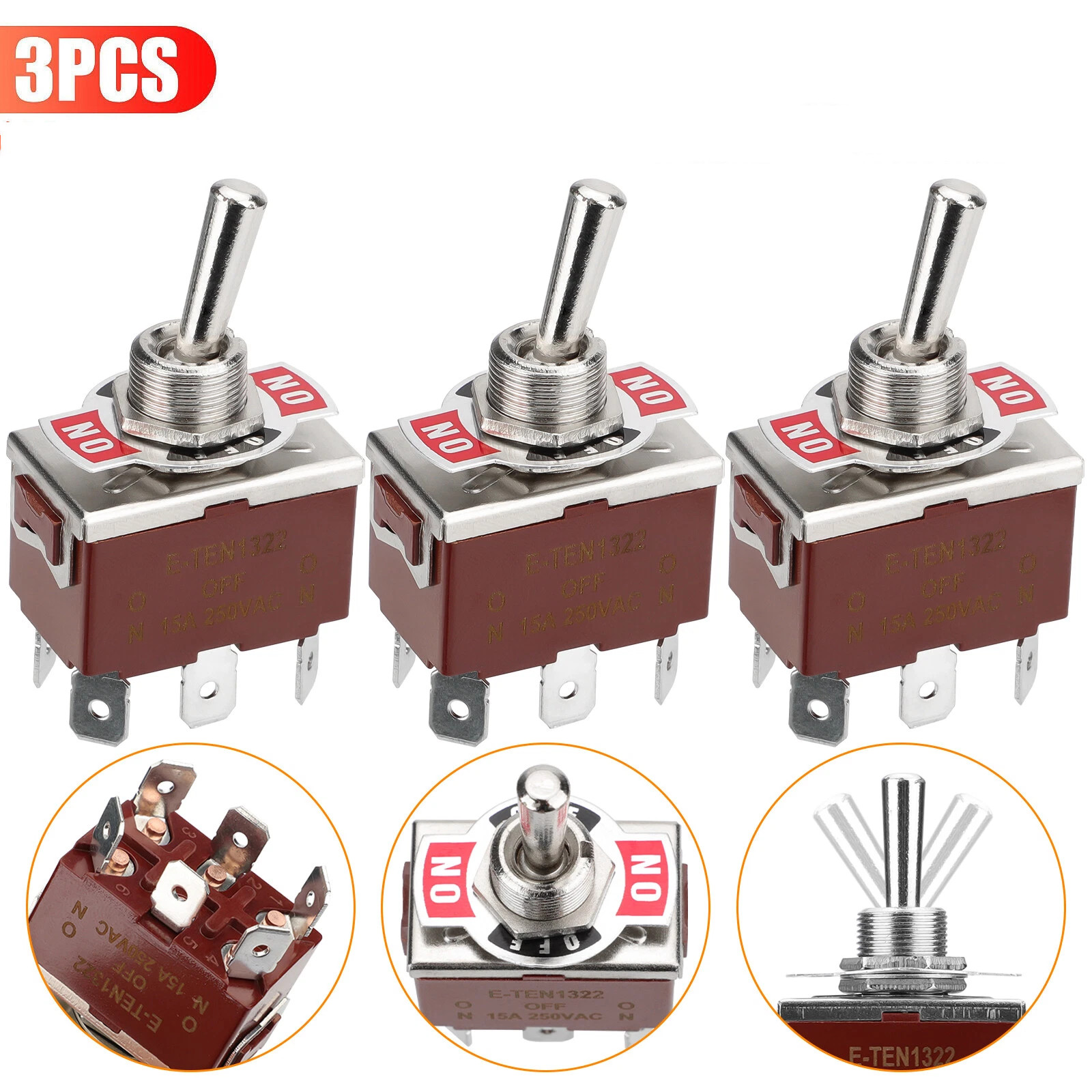 3pcs 6Pin Heavy Duty Momentary DPDT ON/OFF/ON Toggle Switch 20A 125V Waterproof