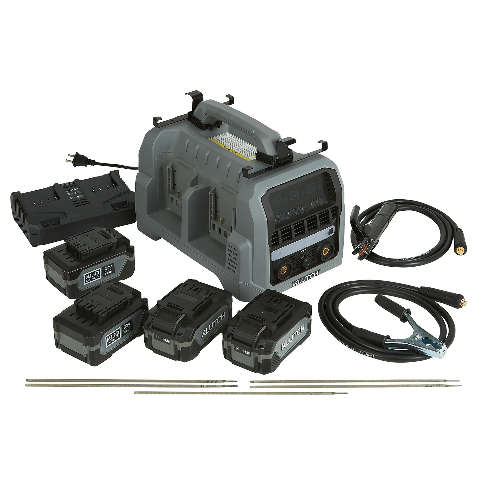Klutch Cordless Welder Kit, KLiQ 20V, 200 Amps, 4-Pack 8.0Ah Batteries,