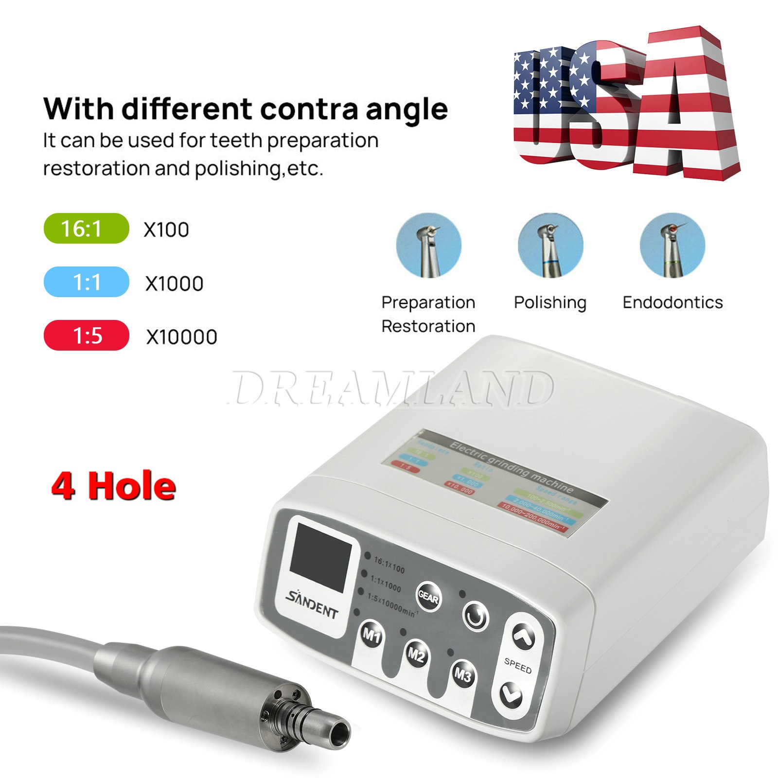 SANDENT motor electrico dental pieza de mano LED 1:5/1:1/1:4.2 contra angulo USA