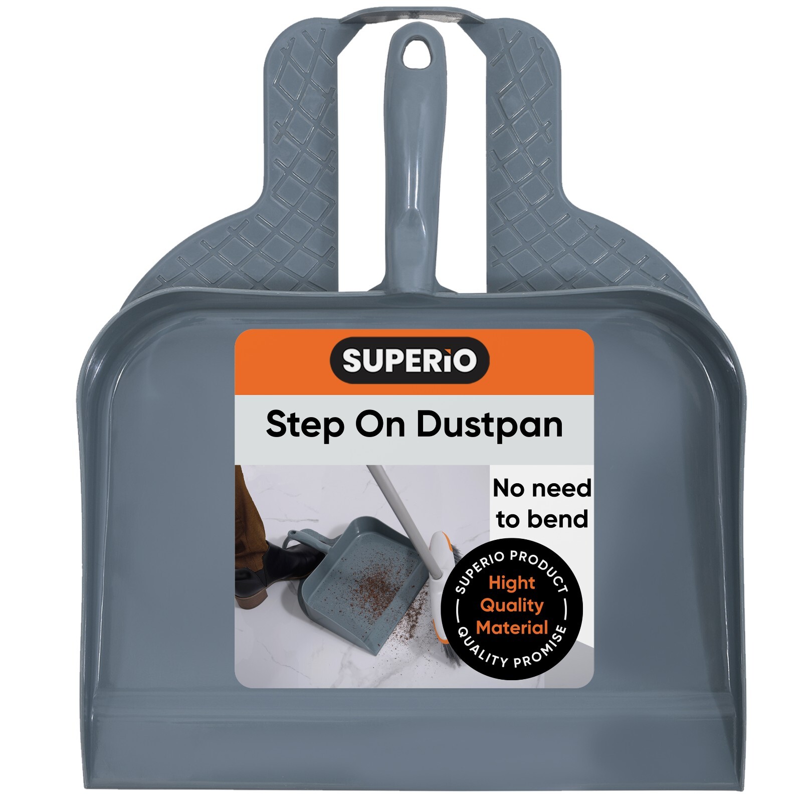 Superio Heavy-Duty Durable Plastic Step Dustpan for Indoor and Outdoor Use, Grey