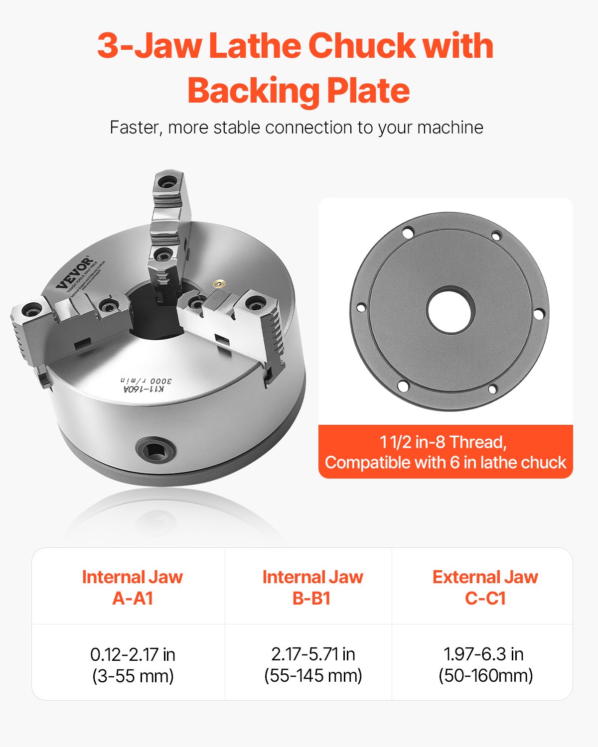 VEVOR 6 Inch 3-Jaw Self-Centering Lathe Chuck with 1 1/2 in-8 Threaded Backing
