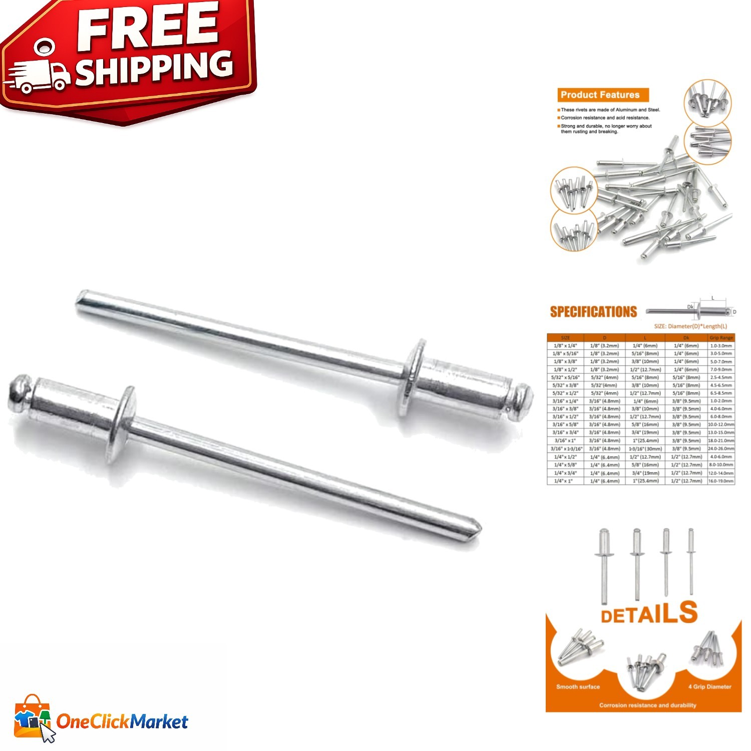 100-Pack 1/8″ x 1/4″ Aluminum Blind Rivets – Ideal for Indoor and Outdoor Use