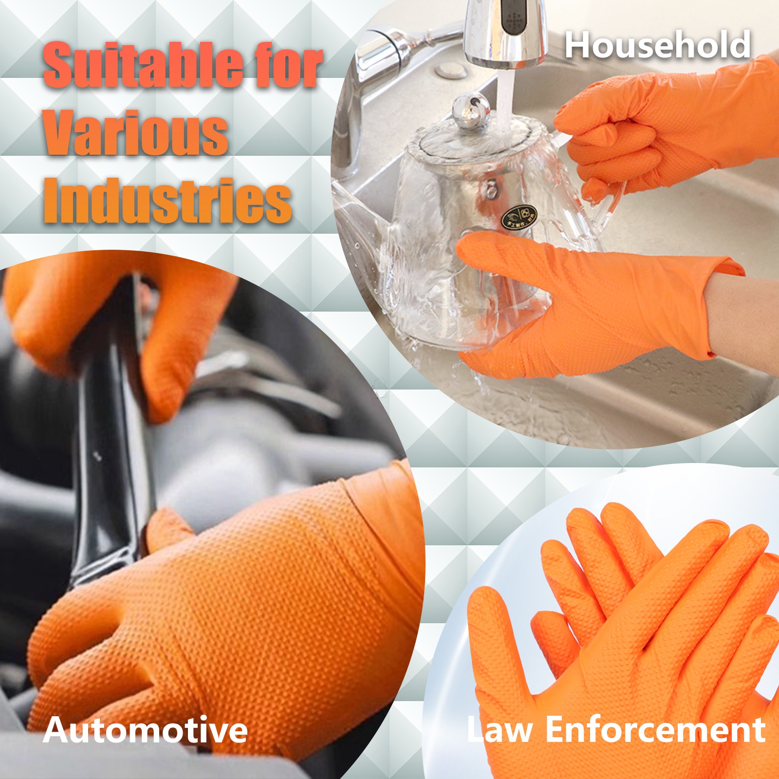 Heavy Duty Orange Industrial Nitrile Gloves with Raised Diamond Texture, 8-mil